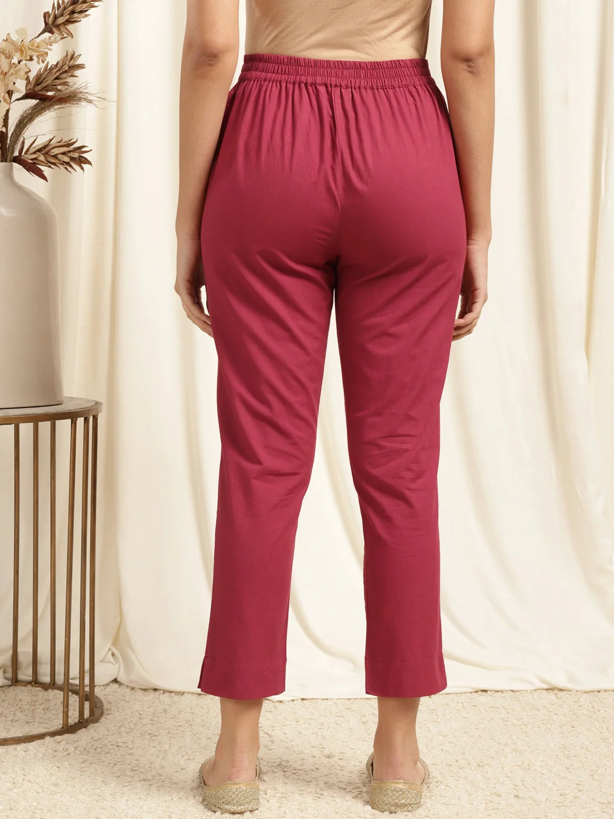 Buy Cotton Solid Calf Length Pencil Pant-Maroon