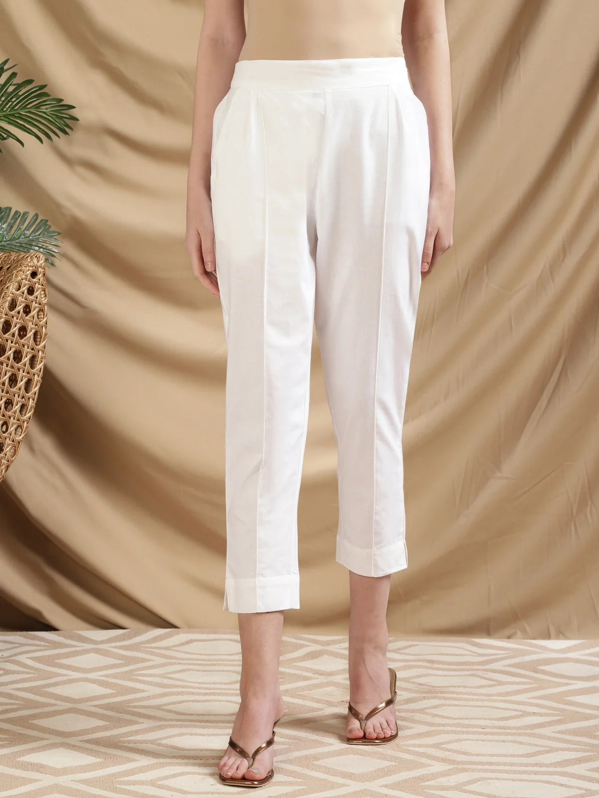 Buy Cotton Solid Calf Length Pencil Pant-White