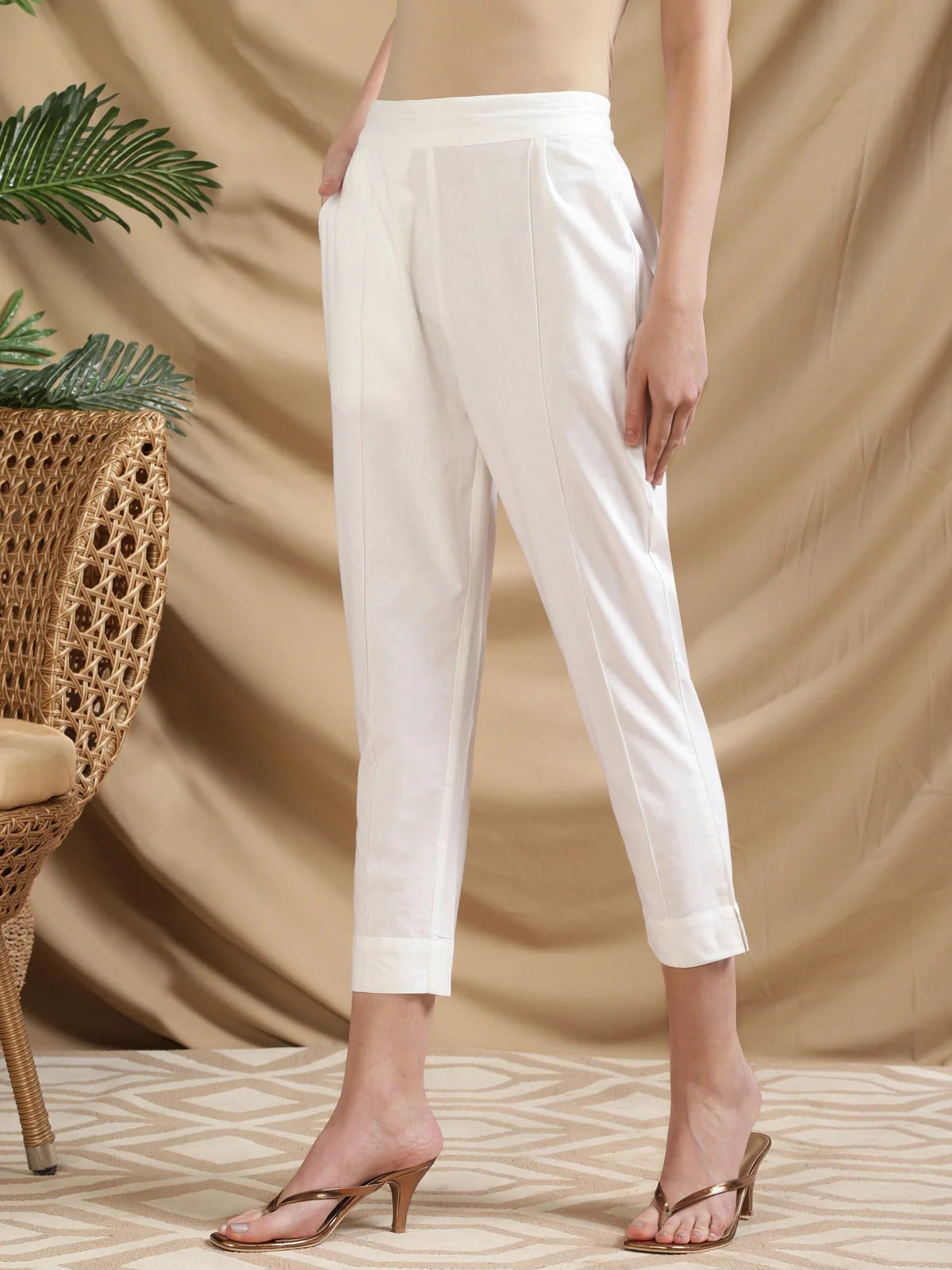 Buy Cotton Solid Calf Length Pencil Pant-White