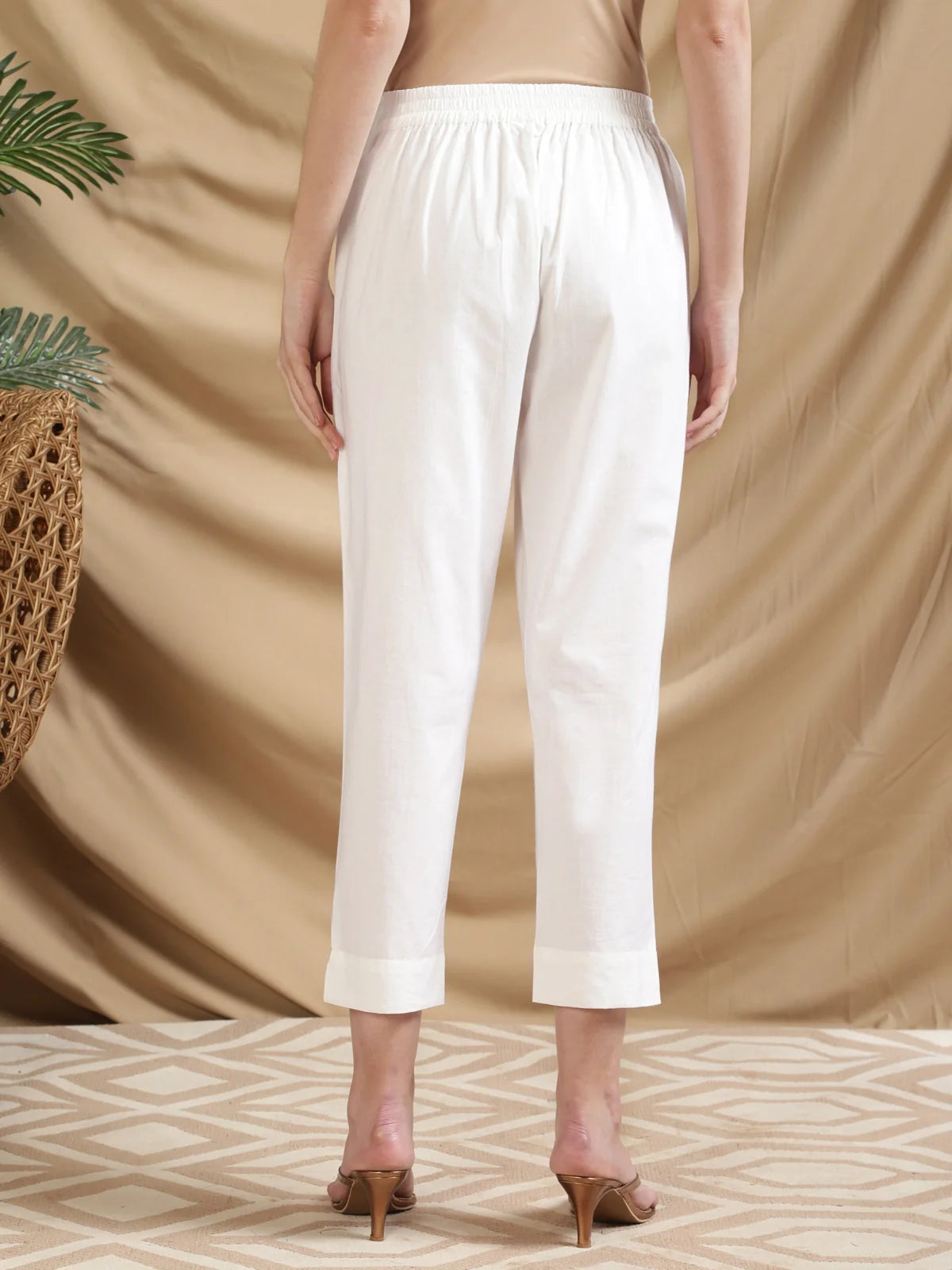 Buy Cotton Solid Calf Length Pencil Pant-White