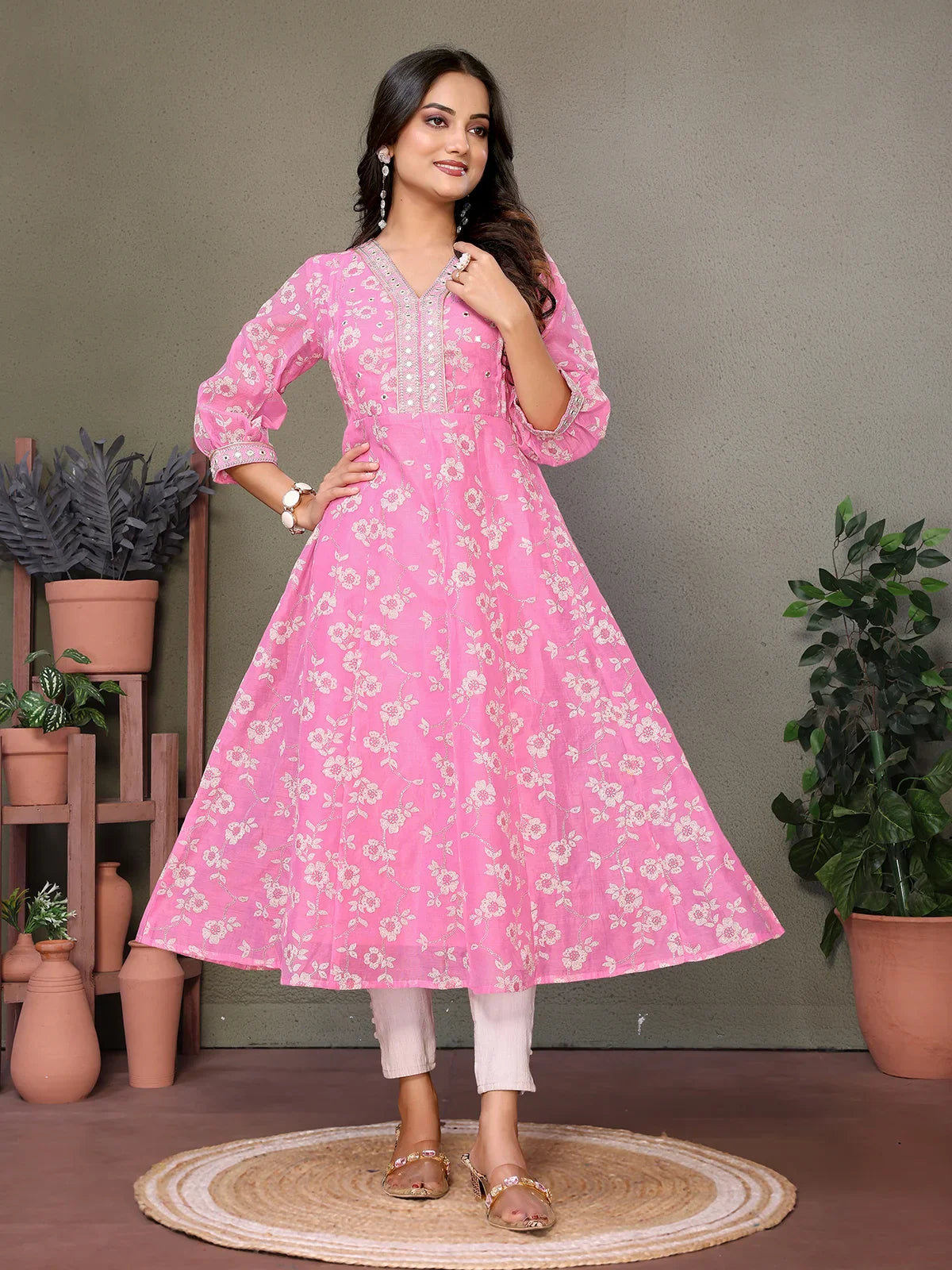 Buy Chanderi Embroidered Calf Length Anarkali Kurta-Pink