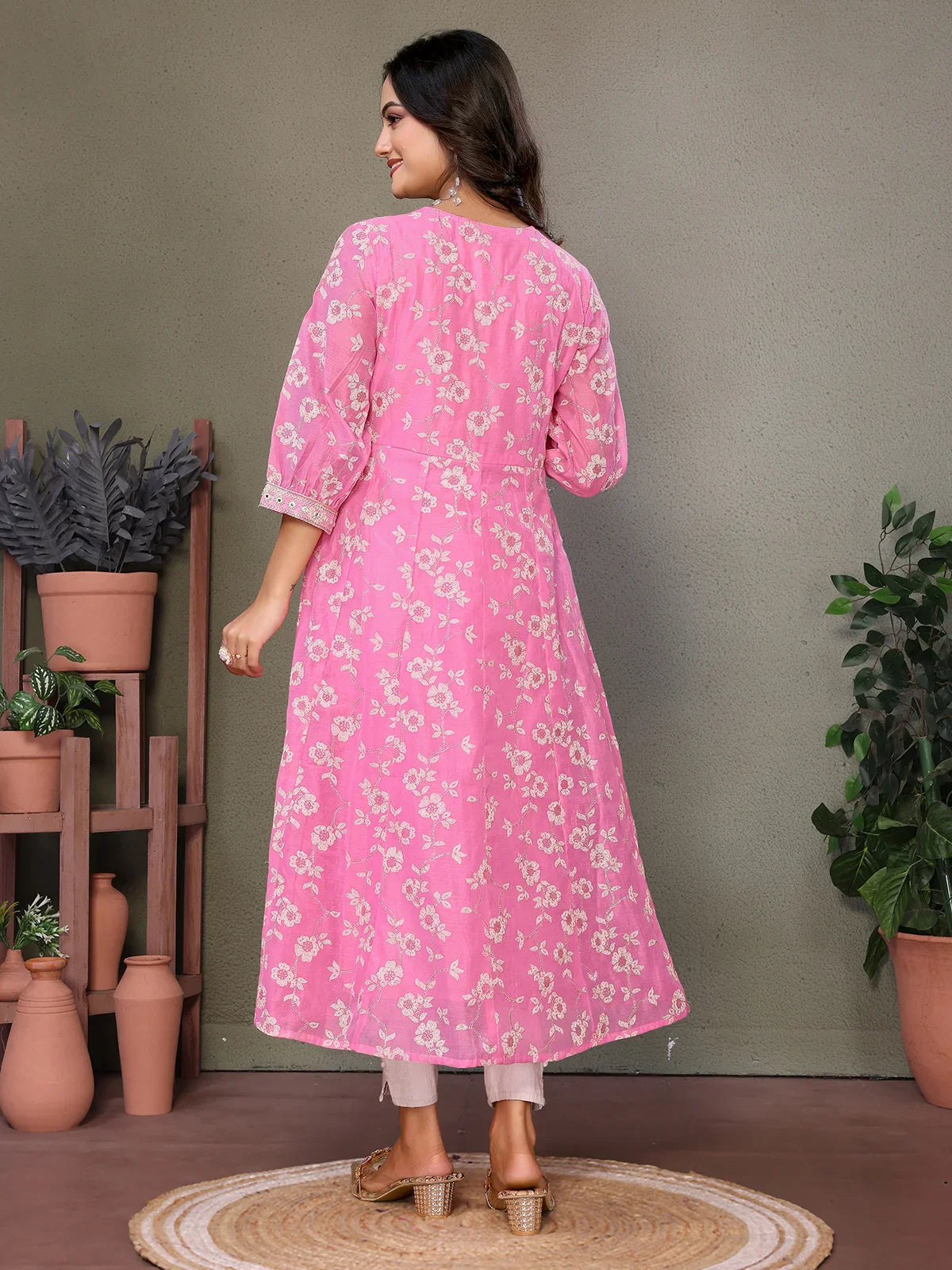 Buy Chanderi Embroidered Calf Length Anarkali Kurta-Pink