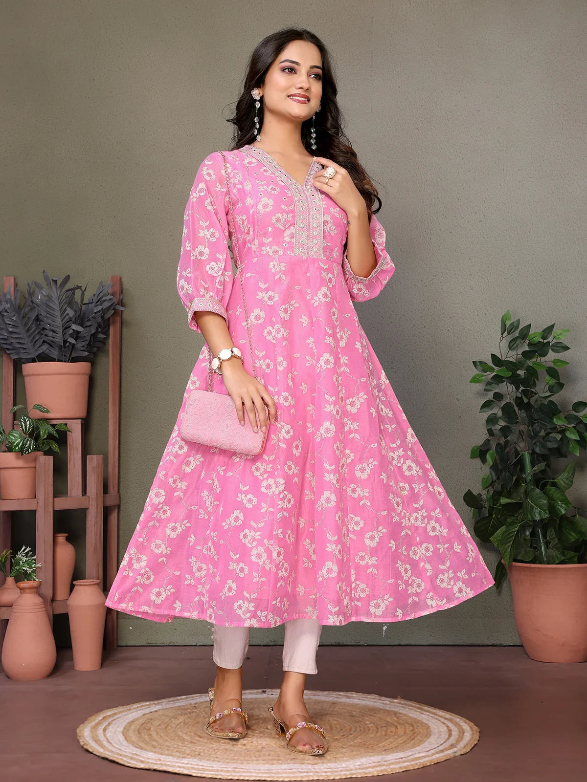 Buy Chanderi Embroidered Calf Length Anarkali Kurta-Pink