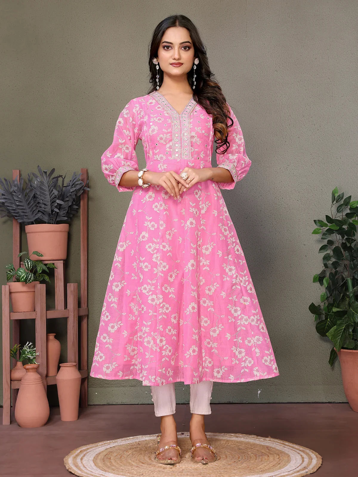 Buy Chanderi Embroidered Calf Length Anarkali Kurta-Pink