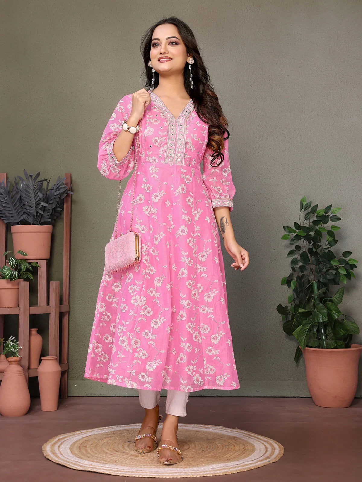 Buy Chanderi Embroidered Calf Length Anarkali Kurta-Pink