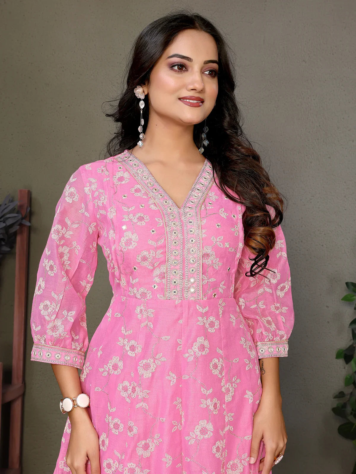 Buy Chanderi Embroidered Calf Length Anarkali Kurta-Pink