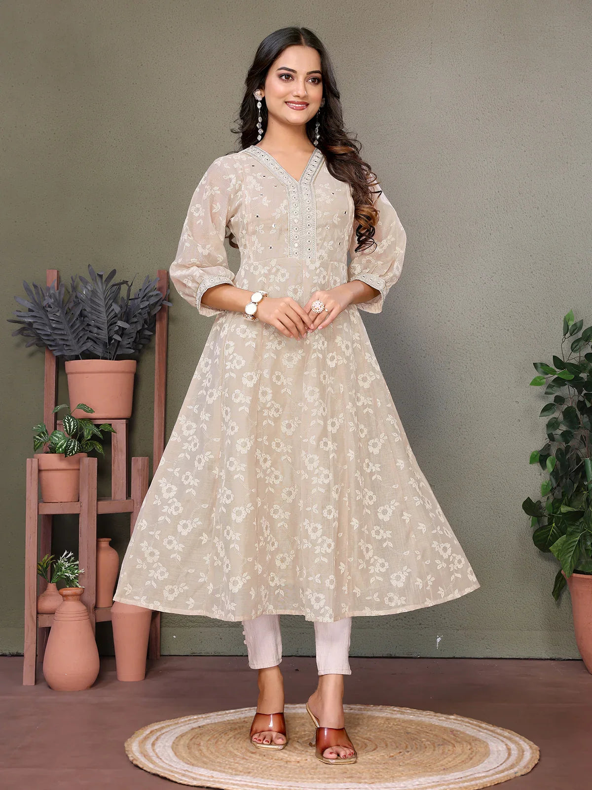 Buy Chanderi Embroidered Calf Length Anarkali Kurta-Beige