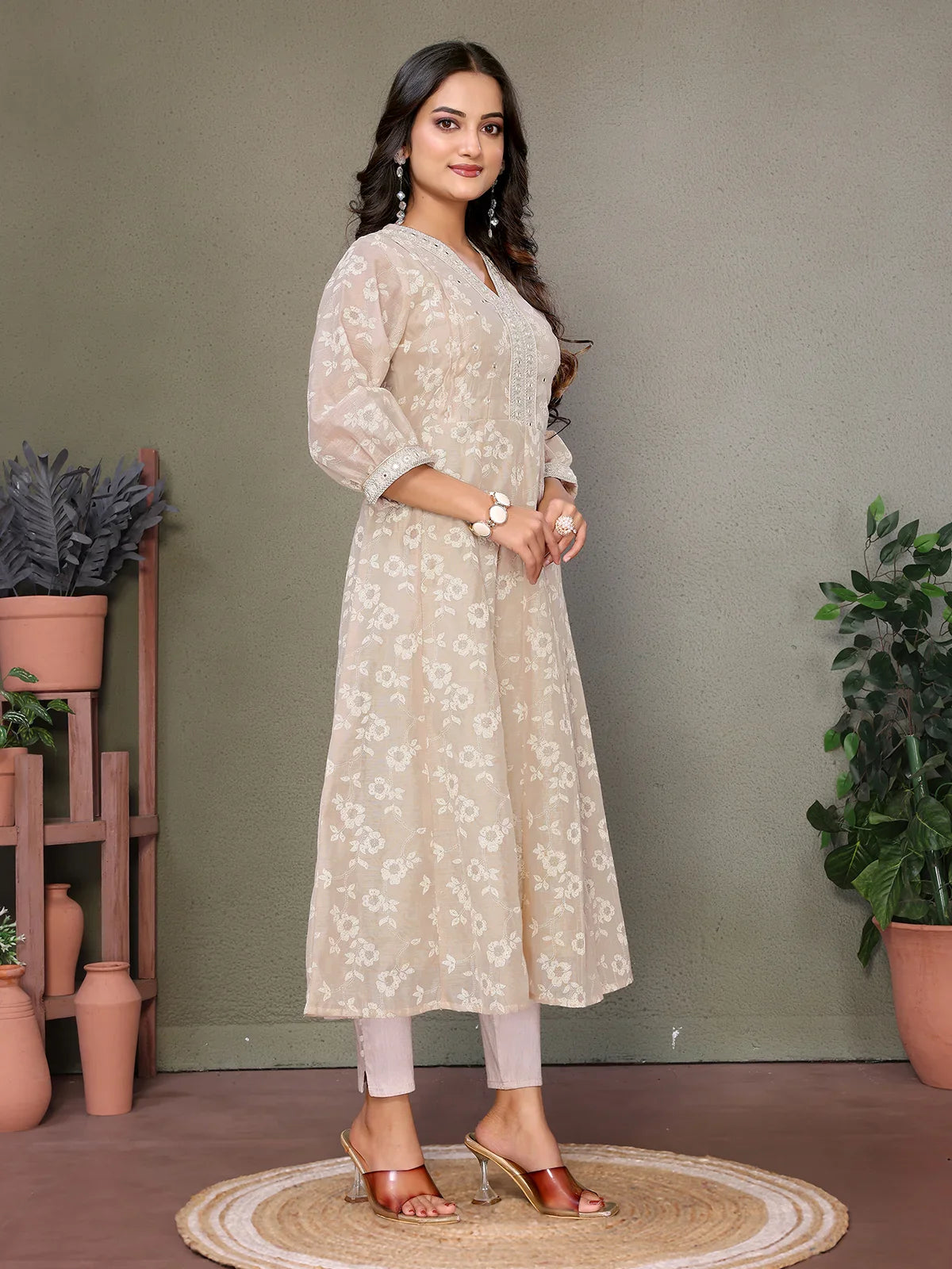 Buy Chanderi Embroidered Calf Length Anarkali Kurta-Beige