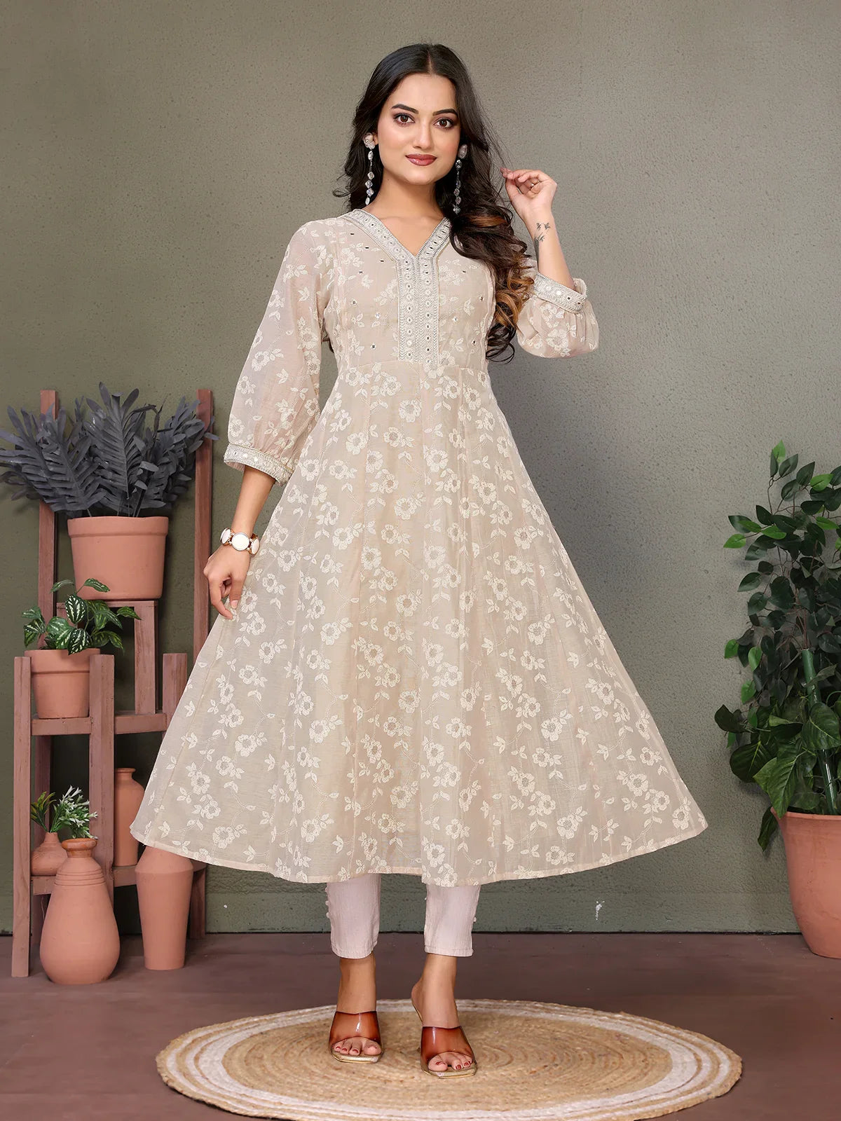 Buy Chanderi Embroidered Calf Length Anarkali Kurta-Beige