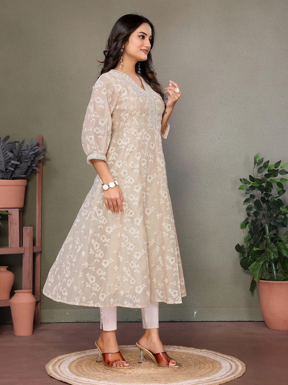 Buy Chanderi Embroidered Calf Length Anarkali Kurta-Beige