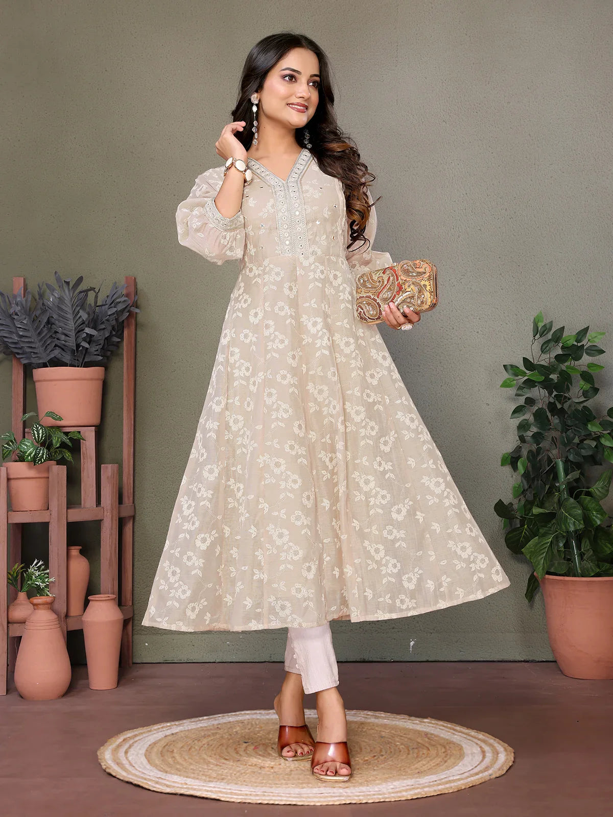 Buy Chanderi Embroidered Calf Length Anarkali Kurta-Beige