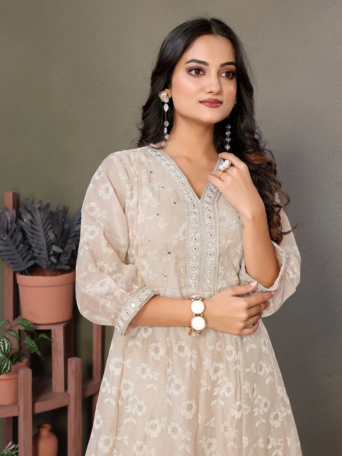 Buy Chanderi Embroidered Calf Length Anarkali Kurta-Beige