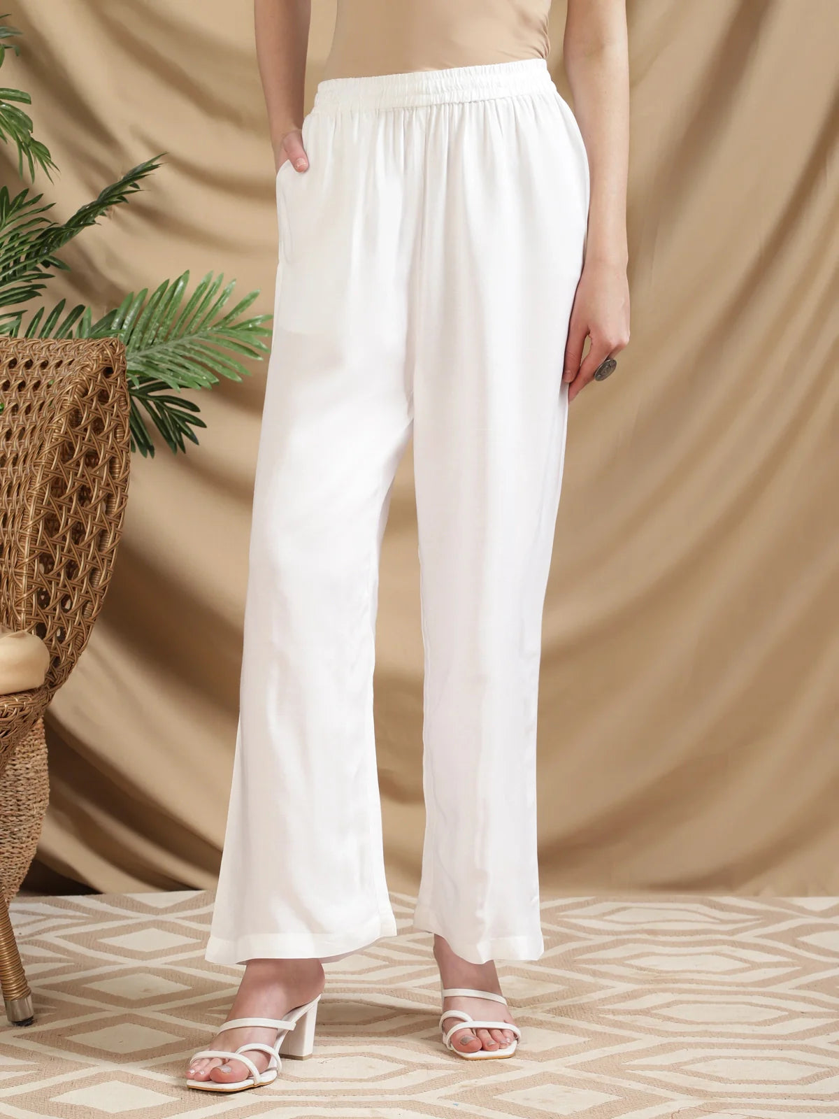 Buy Rayon Solid Ankle Length Palazzo-White