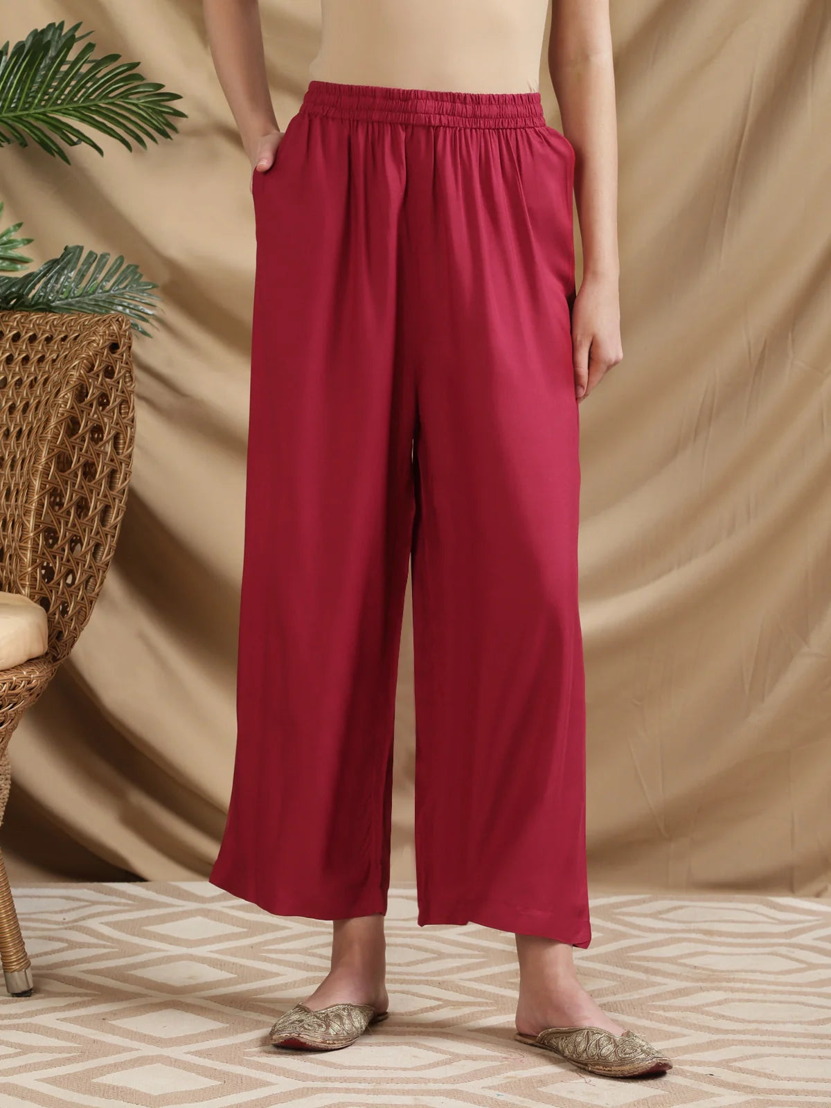 Buy Rayon Solid Ankle Length Palazzo-Maroon