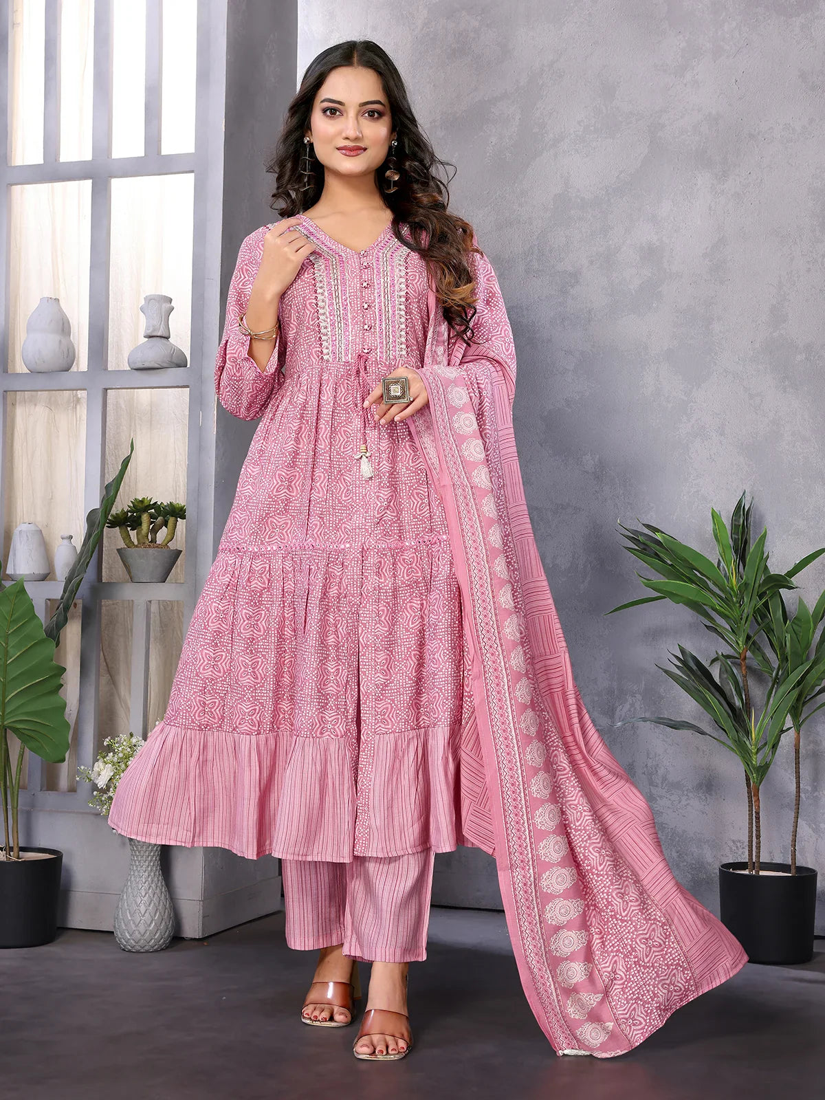 Buy Silk Blend Embroidered Calf Length Flared Kurta with Pant and Dupatta-Pink