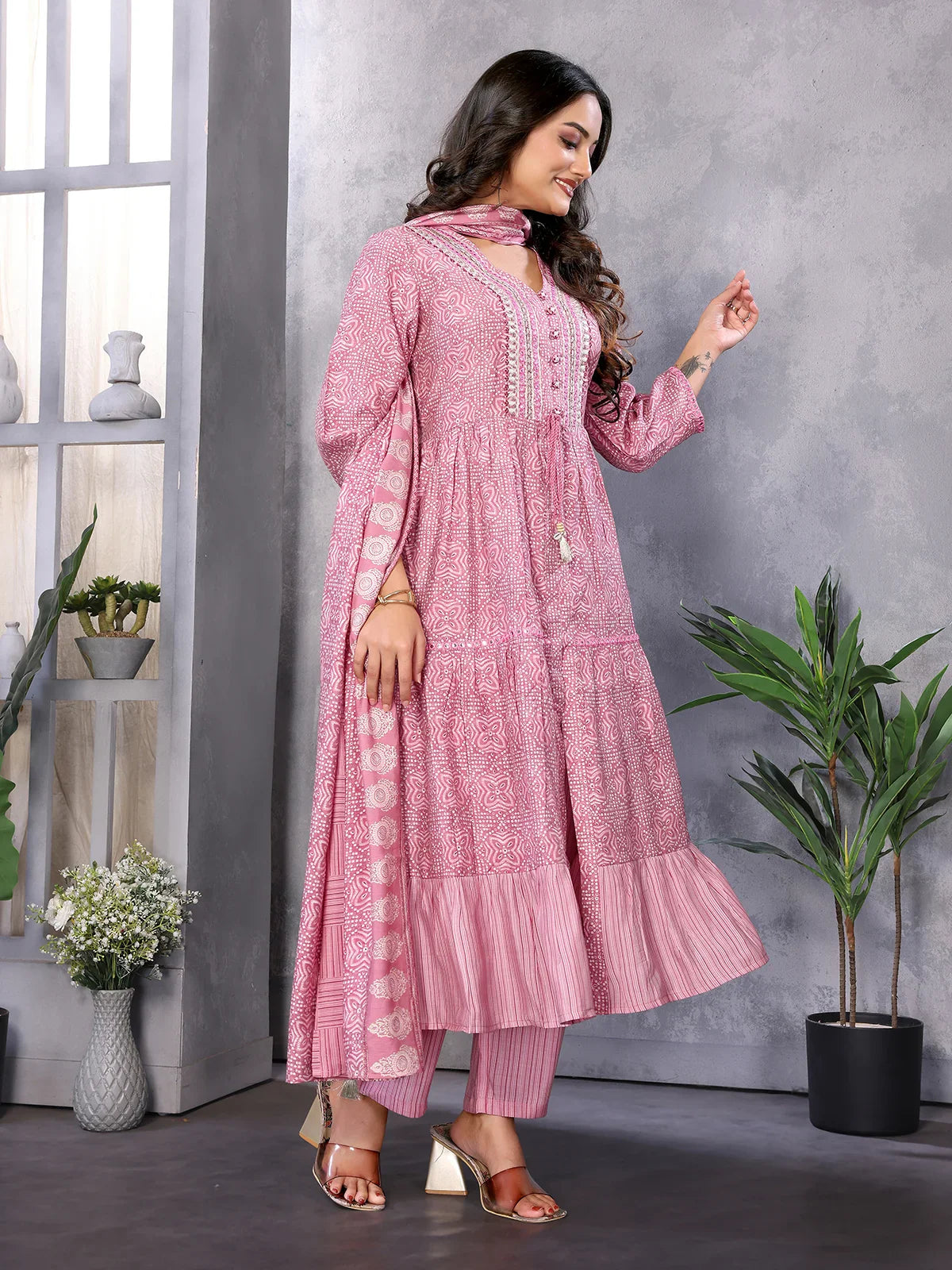 Buy Silk Blend Embroidered Calf Length Flared Kurta with Pant and Dupatta-Pink