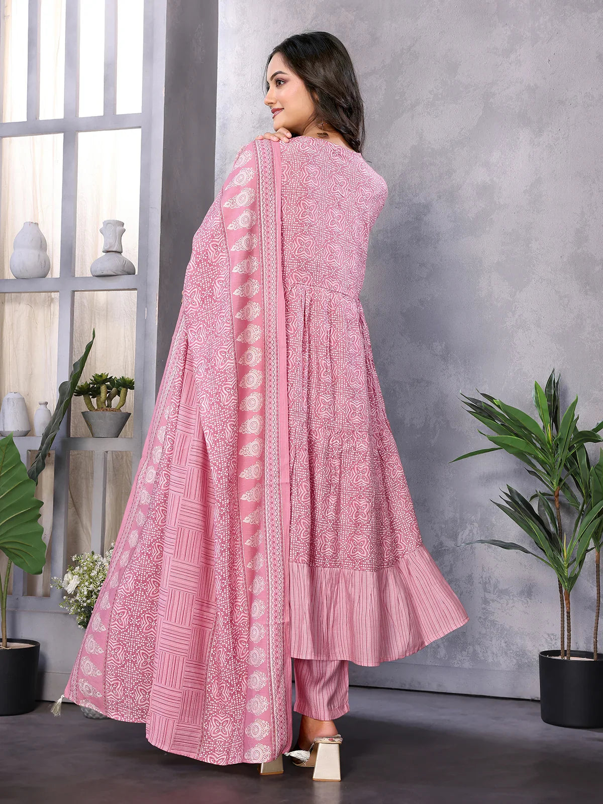 Buy Silk Blend Embroidered Calf Length Flared Kurta with Pant and Dupatta-Pink