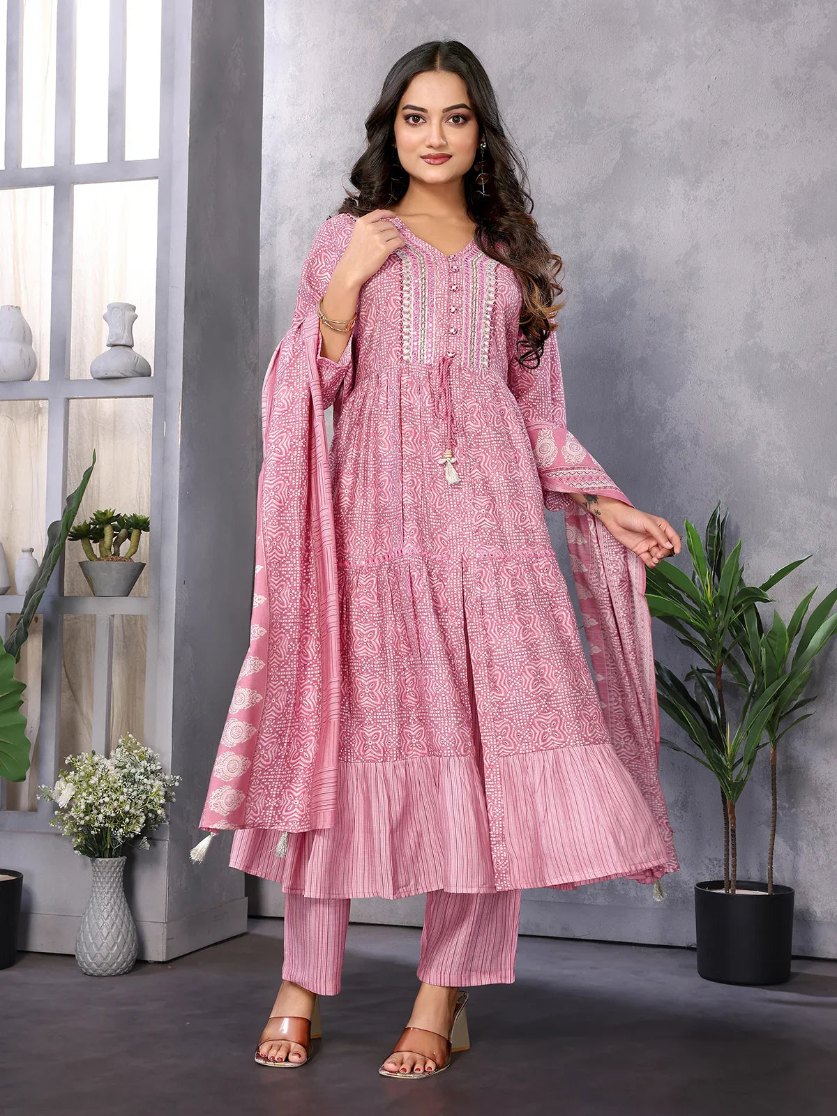 Buy Silk Blend Embroidered Calf Length Flared Kurta with Pant and Dupatta-Pink