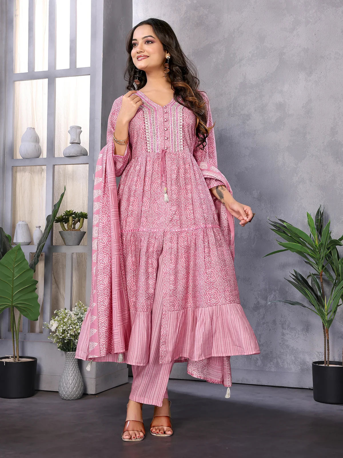 Buy Silk Blend Embroidered Calf Length Flared Kurta with Pant and Dupatta-Pink