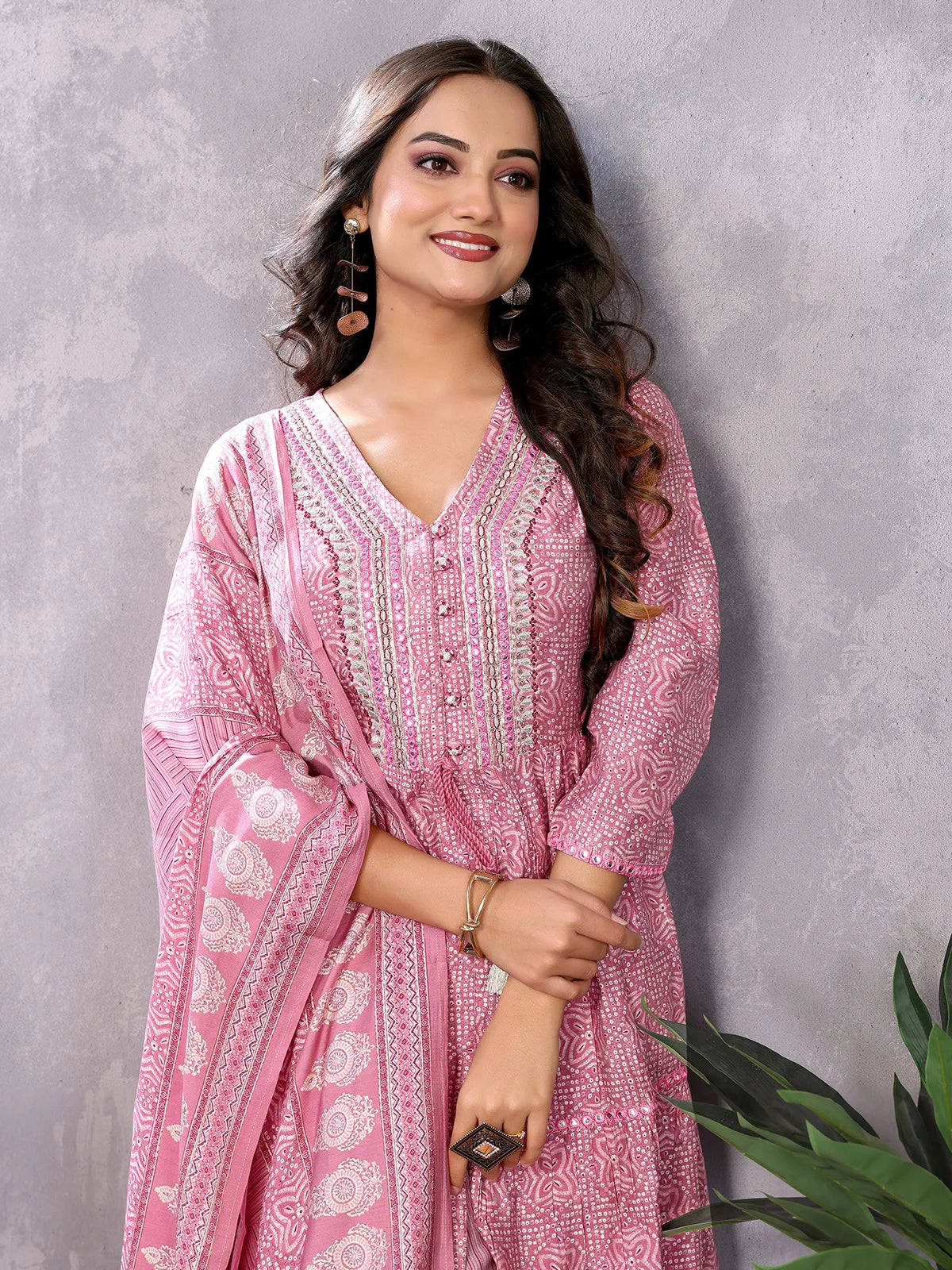 Buy Silk Blend Embroidered Calf Length Flared Kurta with Pant and Dupatta-Pink