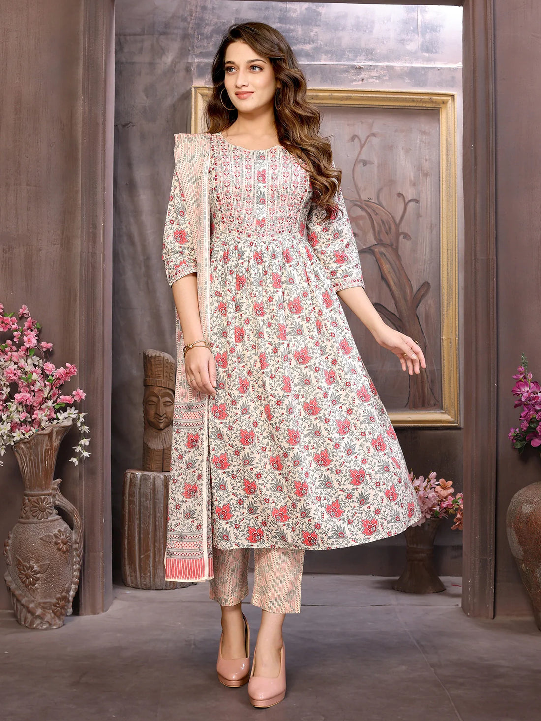 Buy Cotton Embroidered Calf Length Flared Kurta with Pant and Dupatta-Red