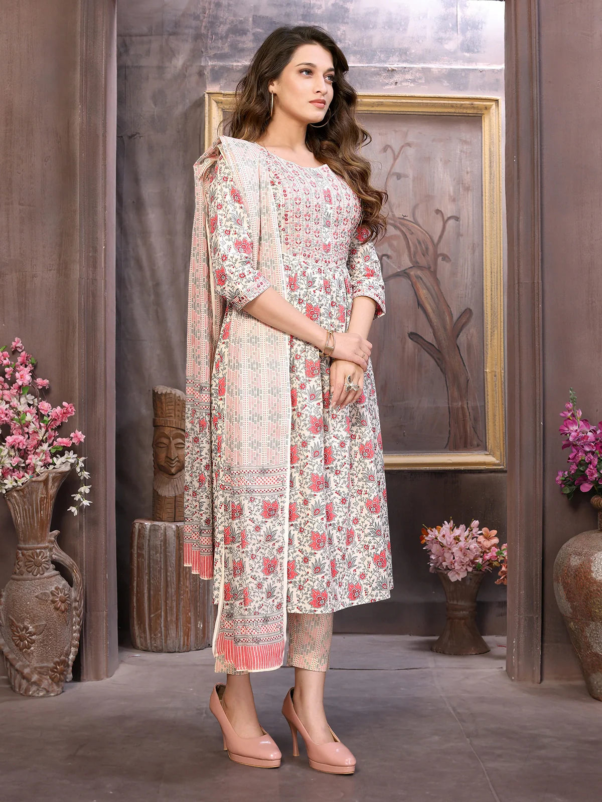 Buy Cotton Embroidered Calf Length Flared Kurta with Pant and Dupatta-Red