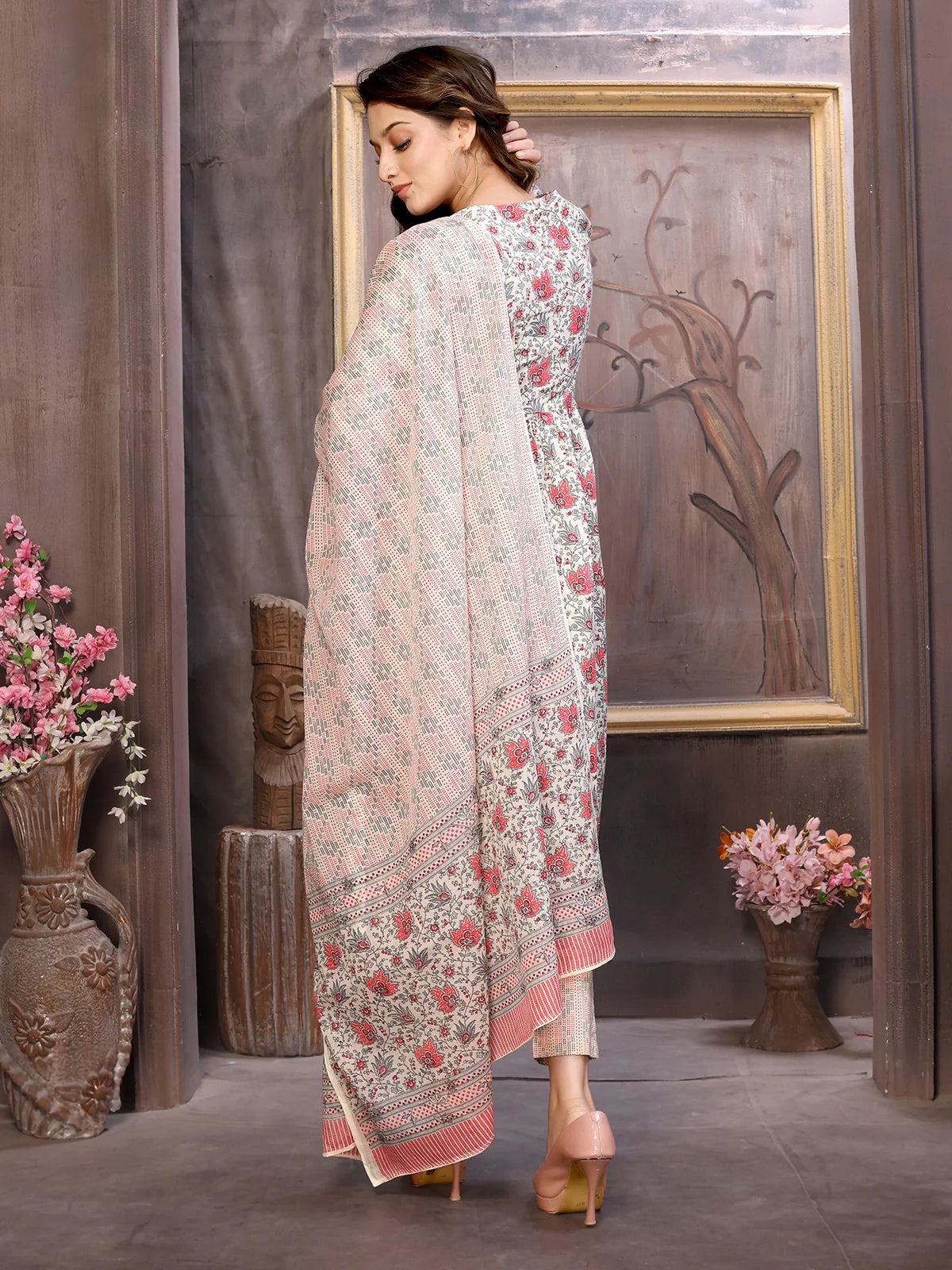 Buy Cotton Embroidered Calf Length Flared Kurta with Pant and Dupatta-Red