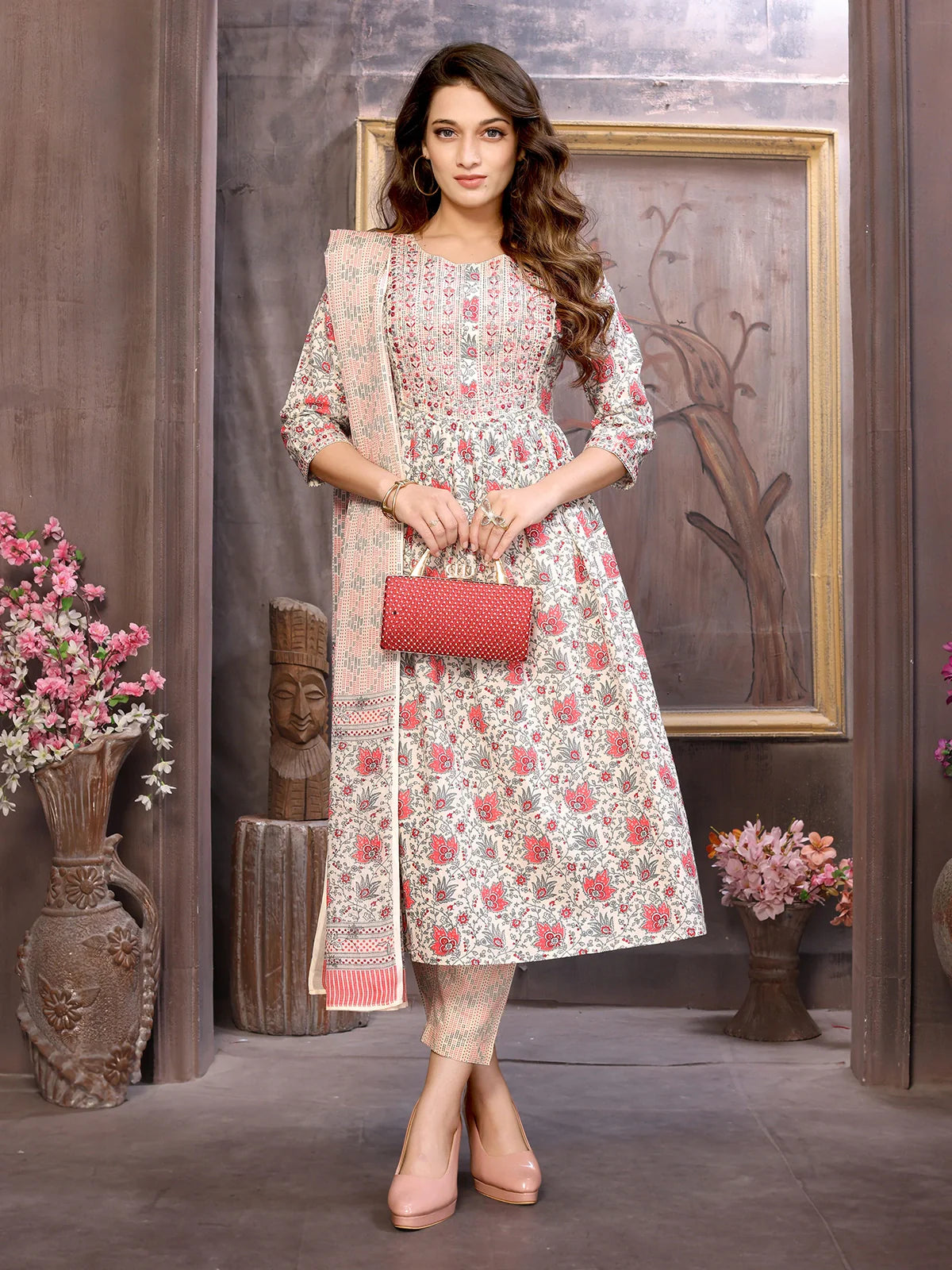 Buy Cotton Embroidered Calf Length Flared Kurta with Pant and Dupatta-Red