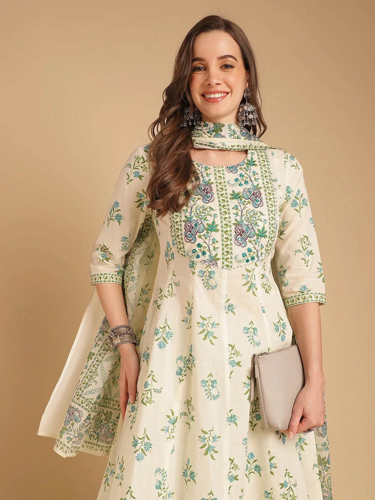 Buy Cotton Yoke Embroidered Calf Length Anarkali Kurti With Pant and Dupatta-Cream