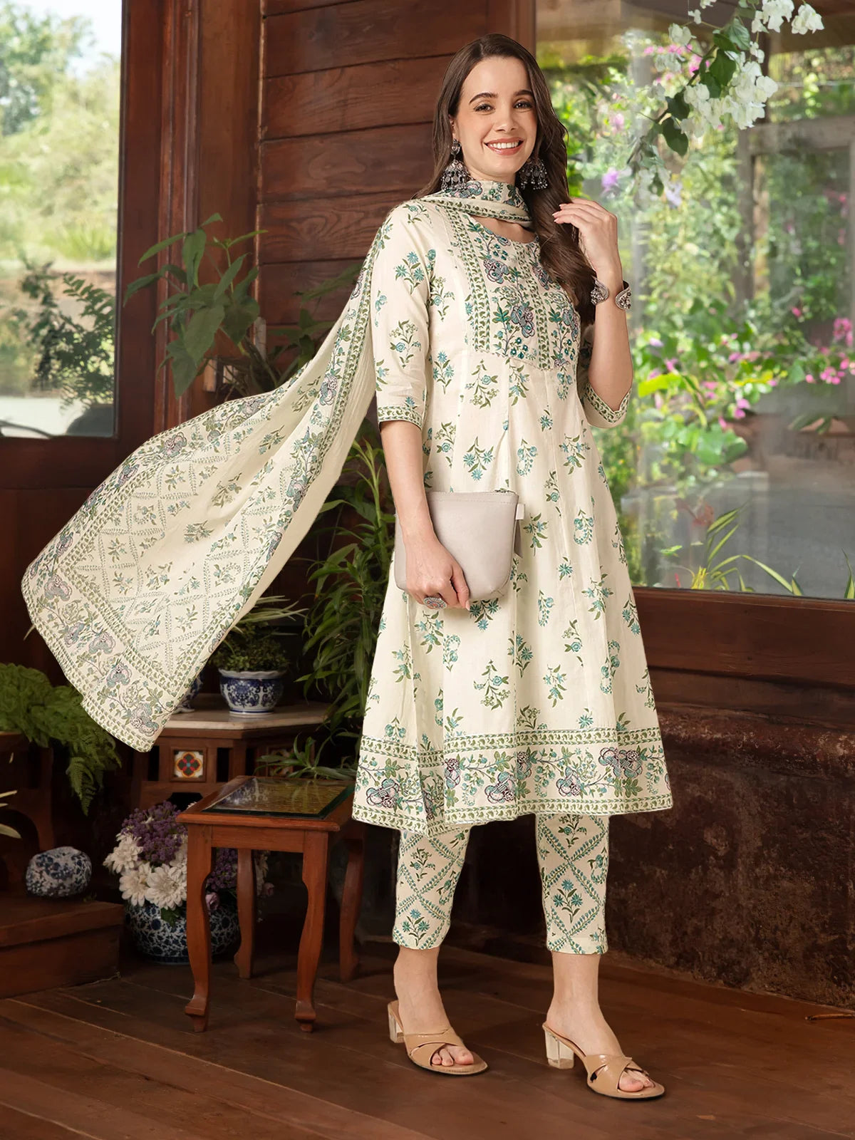 Buy Cotton Yoke Embroidered Calf Length Anarkali Kurti With Pant and Dupatta-Cream