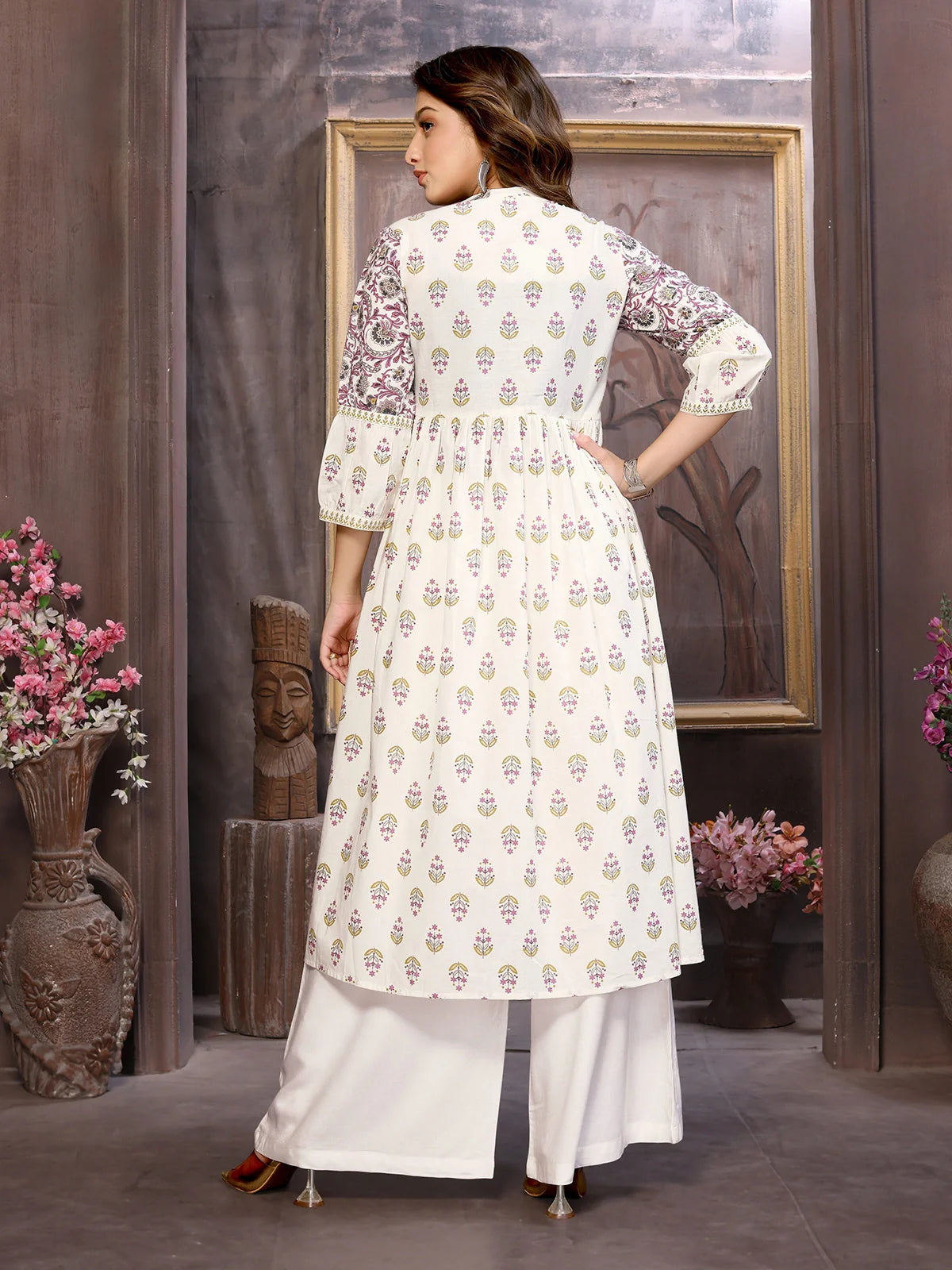 Buy Cotton Embroidered Calf Length Flared Kurta-Purple