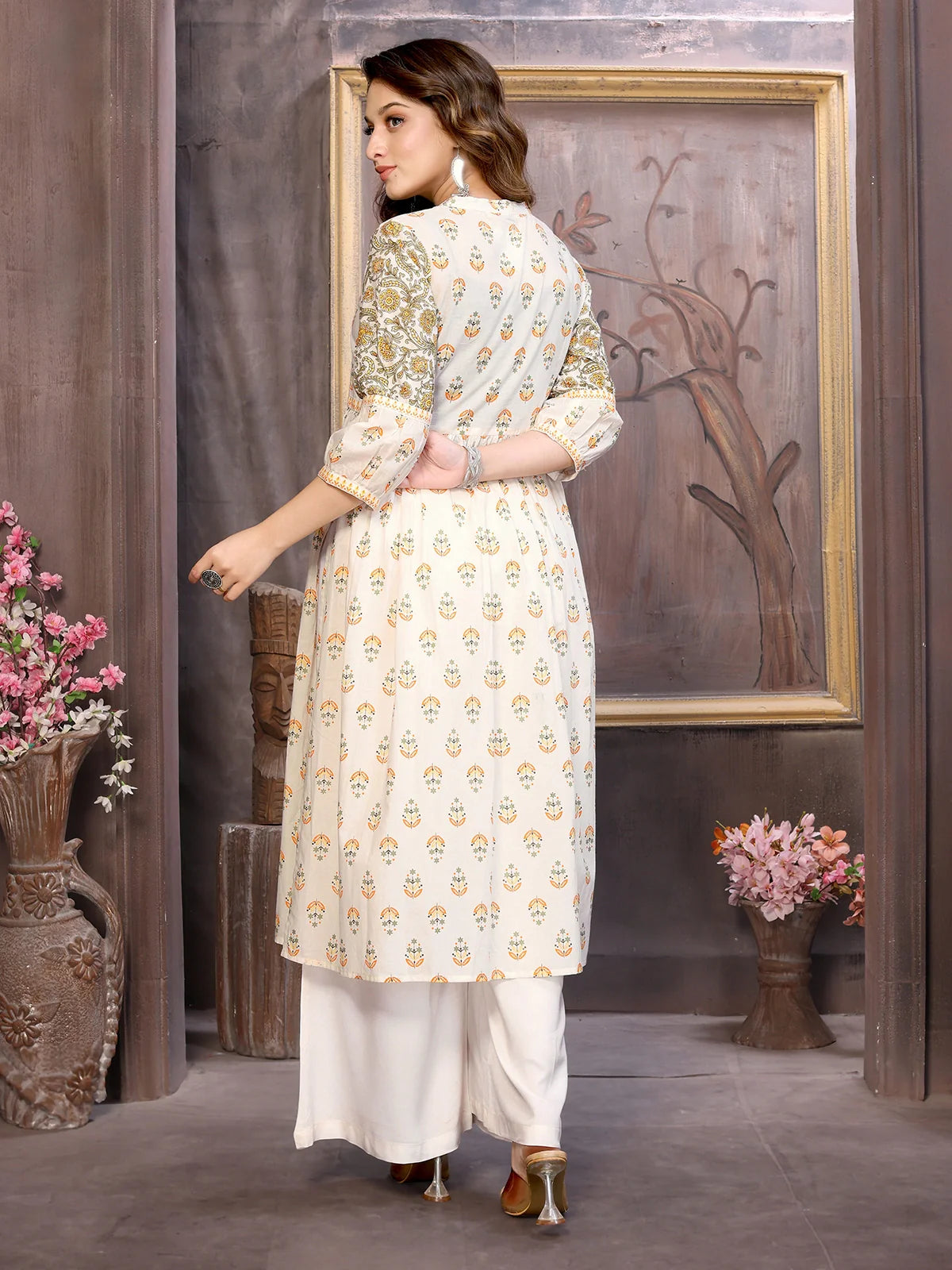 Buy Cotton Embroidered Calf Length Flared Kurta-Orange