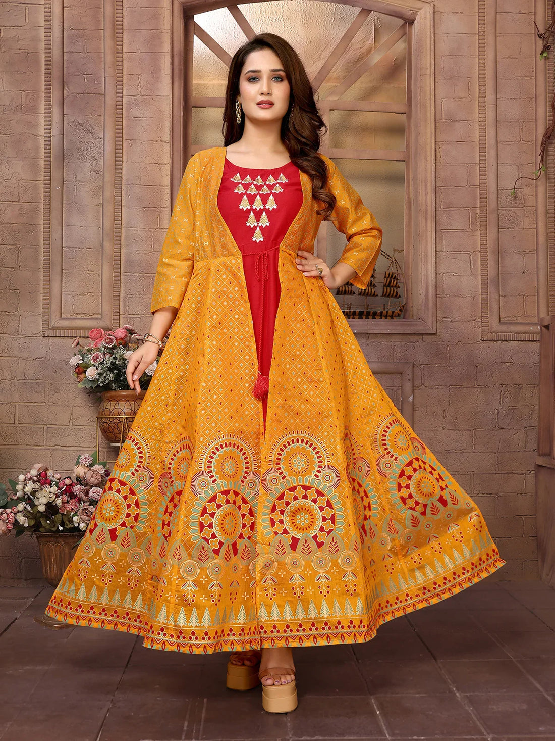 Buy Chanderi Printed Calf Length Anarkali Kurta-Mustard