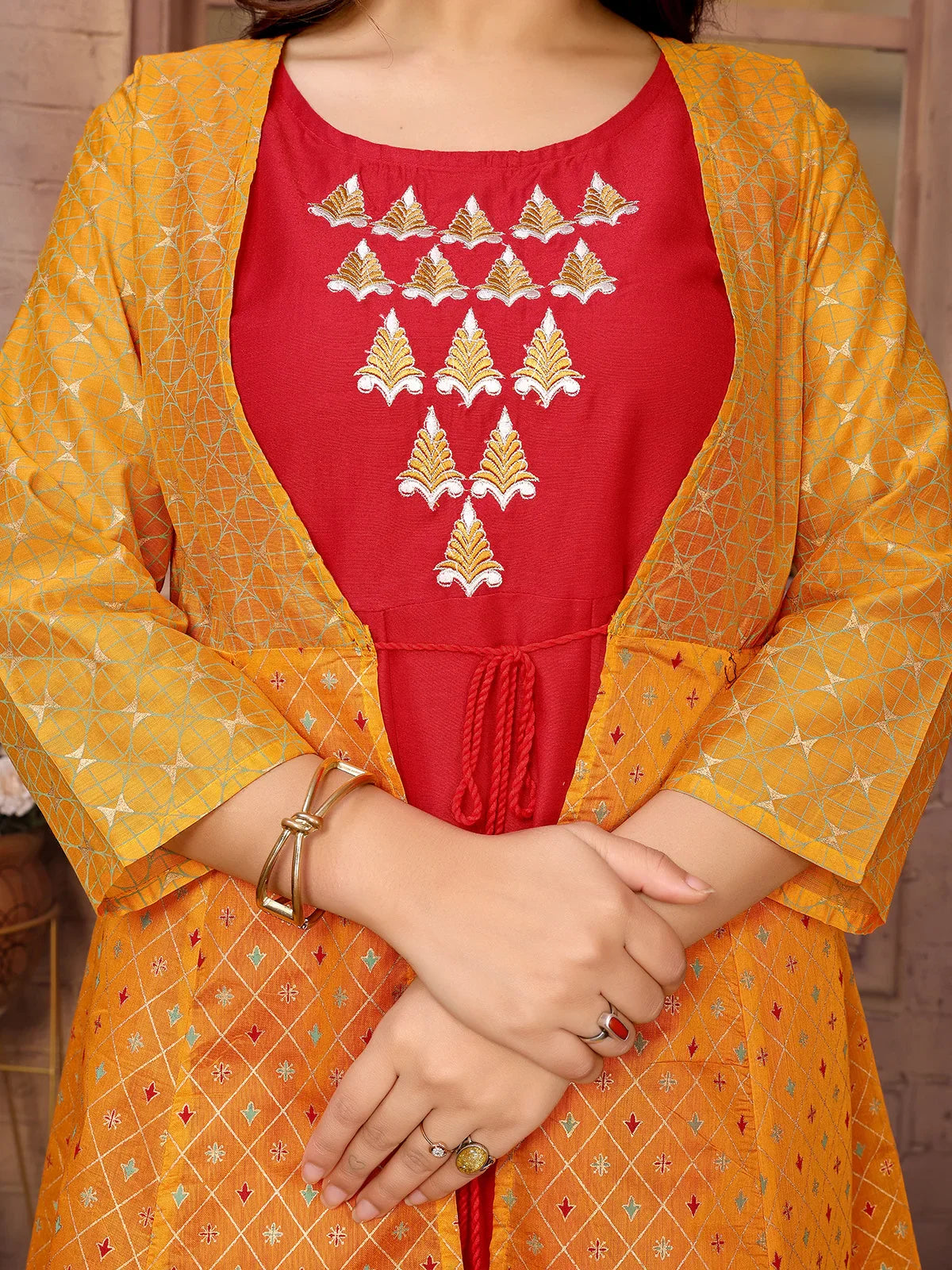 Buy Chanderi Printed Calf Length Anarkali Kurta-Mustard