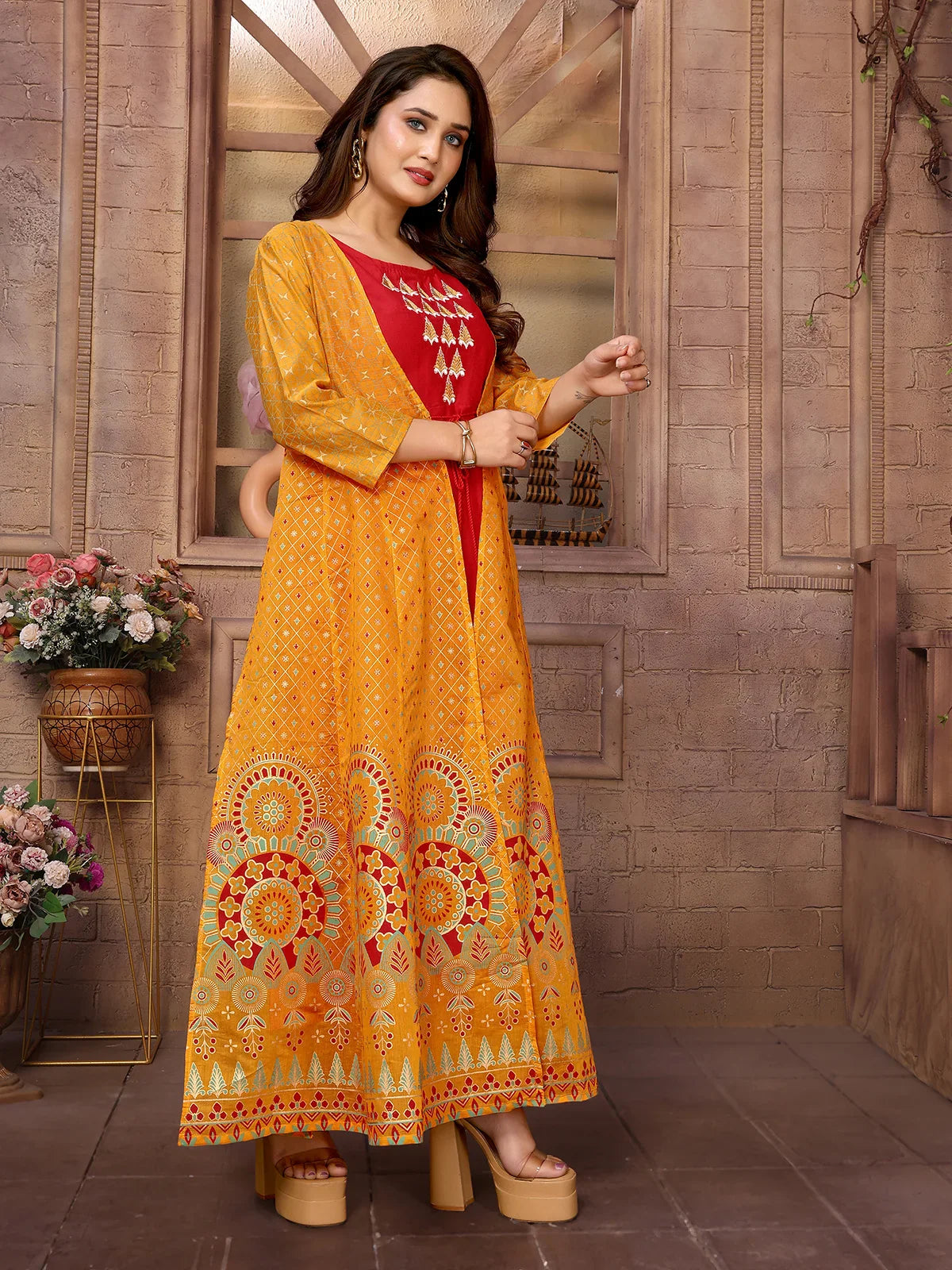 Buy Chanderi Printed Calf Length Anarkali Kurta-Mustard