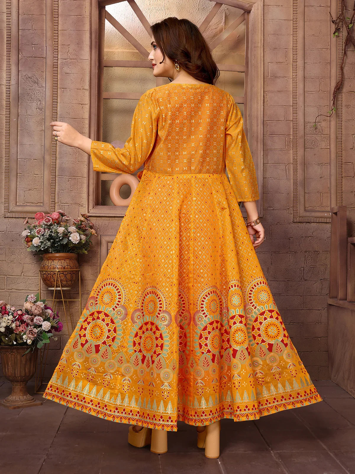 Buy Chanderi Printed Calf Length Anarkali Kurta-Mustard