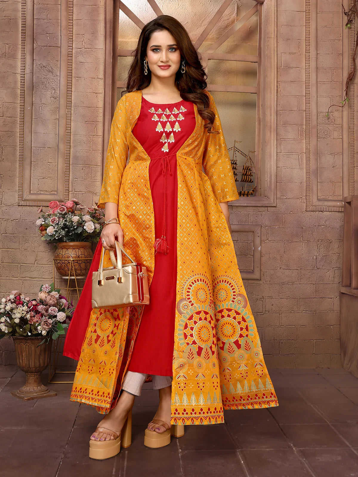 Buy Chanderi Printed Calf Length Anarkali Kurta-Mustard