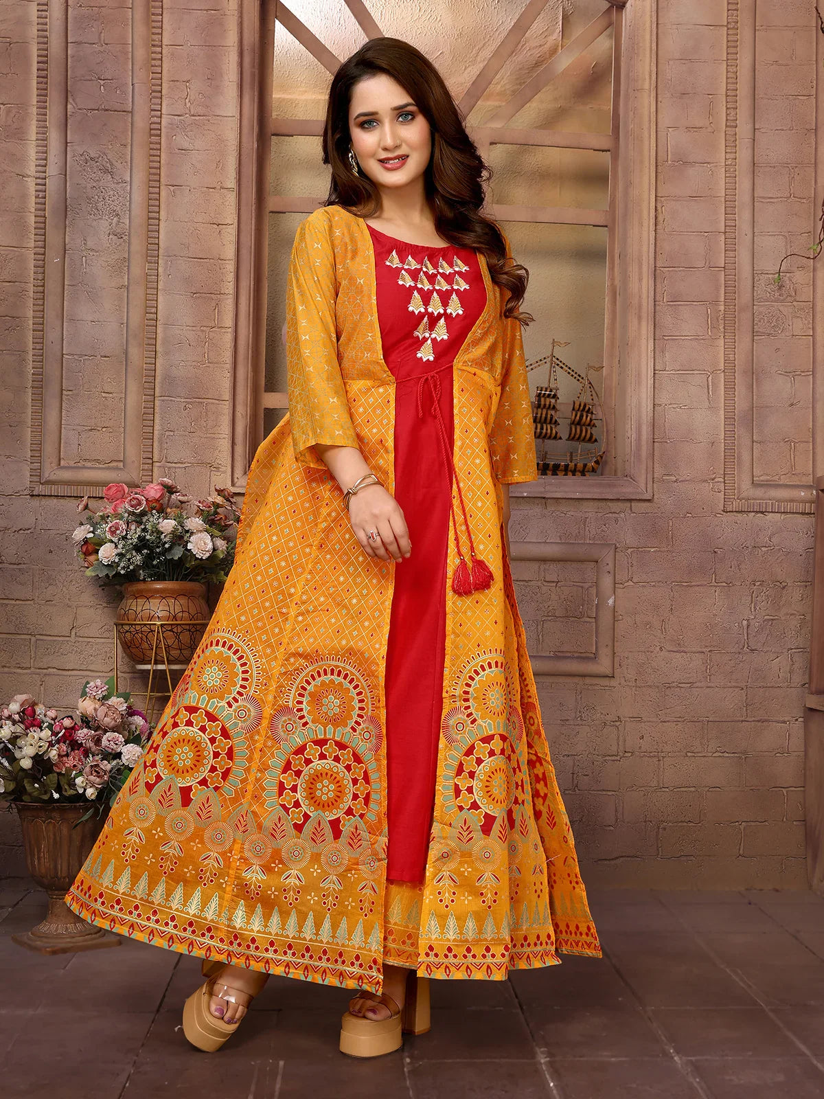 Buy Chanderi Printed Calf Length Anarkali Kurta-Mustard