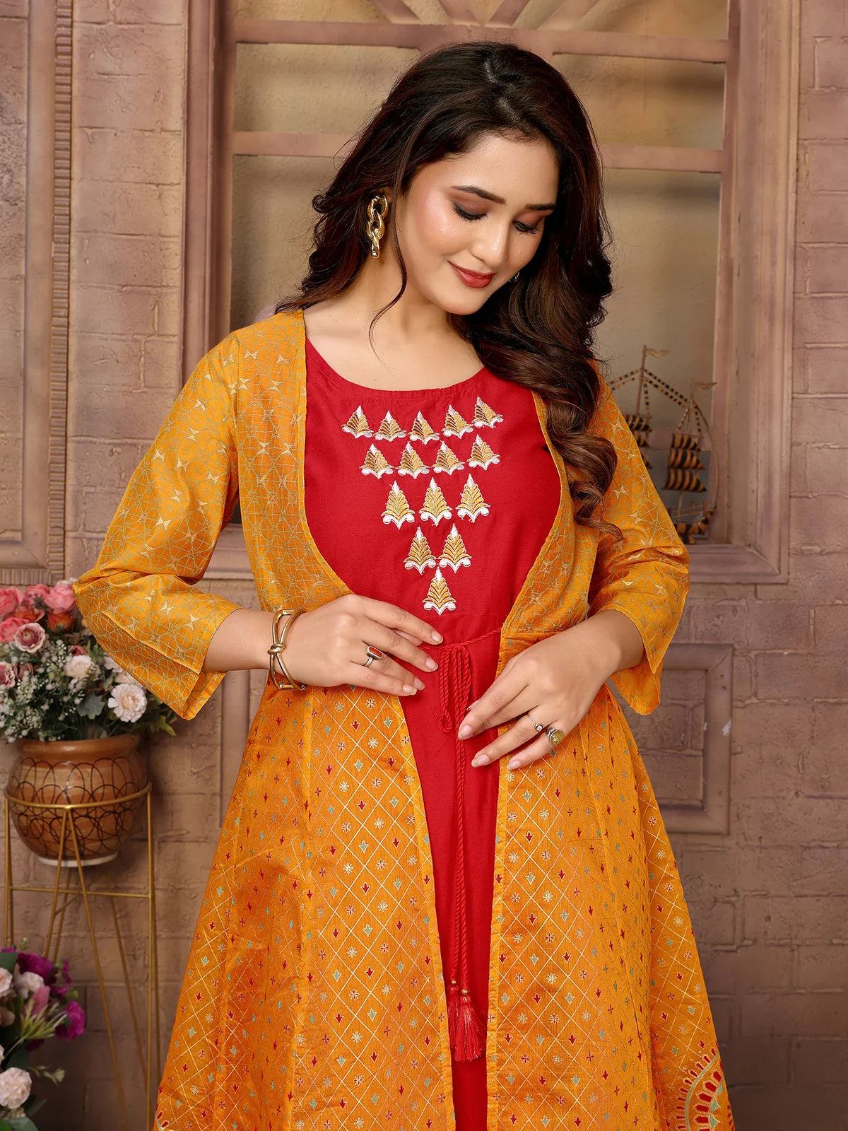 Buy Chanderi Printed Calf Length Anarkali Kurta-Mustard