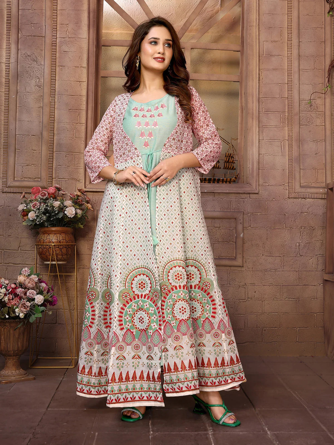 Buy Chanderi Printed Calf Length Anarkali Kurta-Green