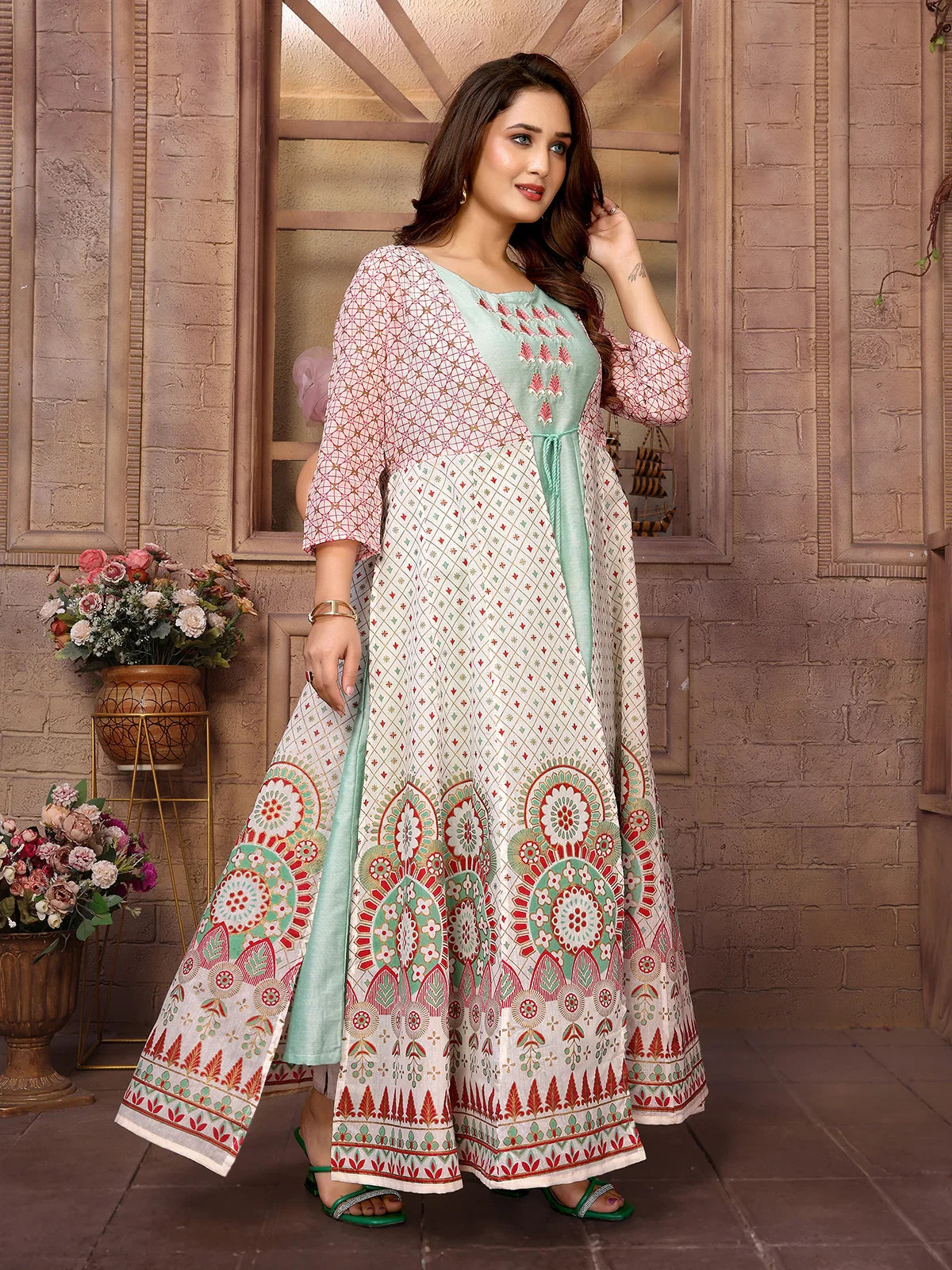 Buy Chanderi Printed Calf Length Anarkali Kurta-Green