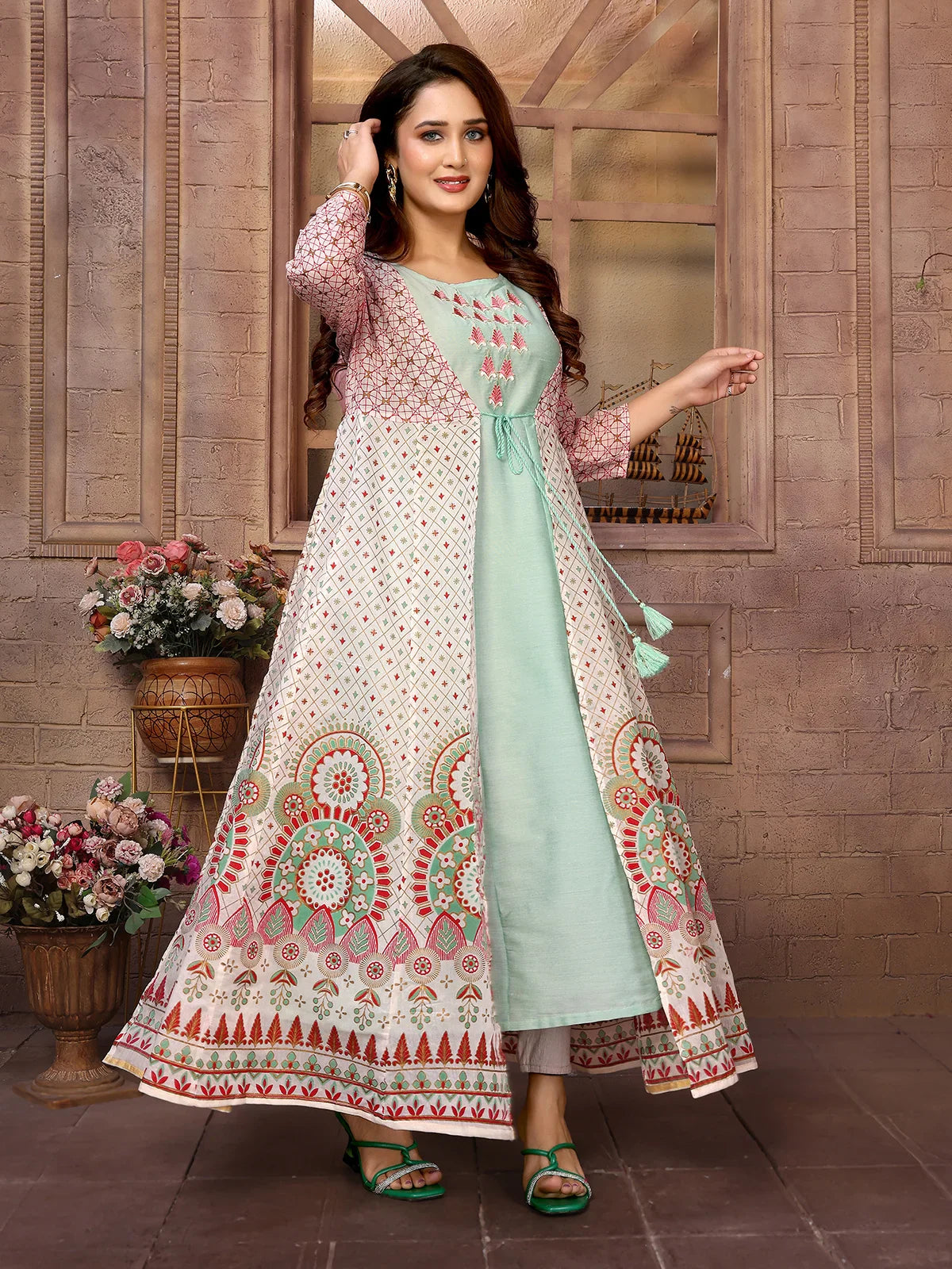 Buy Chanderi Printed Calf Length Anarkali Kurta-Green