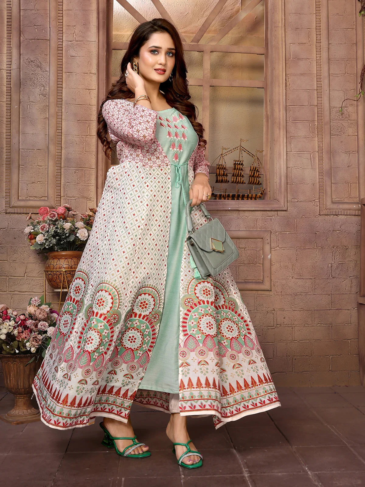 Buy Chanderi Printed Calf Length Anarkali Kurta-Green