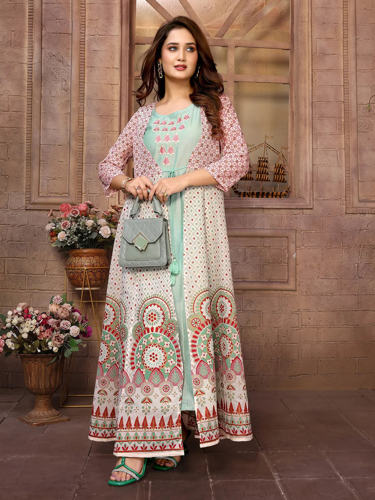 Buy Chanderi Printed Calf Length Anarkali Kurta-Green