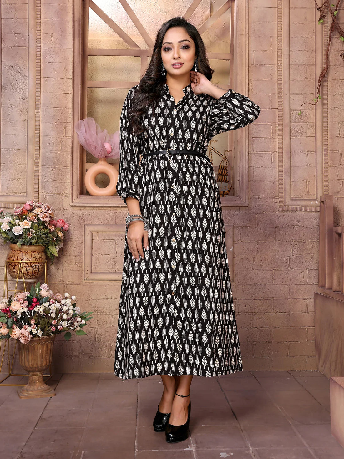 Buy Rayon Printed Calf Length Shirt Dress Dress with Belt-Black