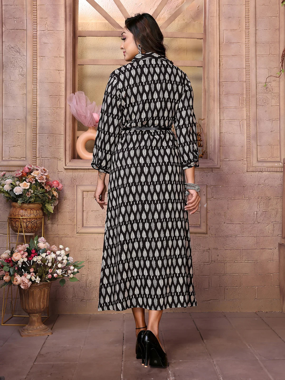 Buy Rayon Printed Calf Length Shirt Dress Dress with Belt-Black