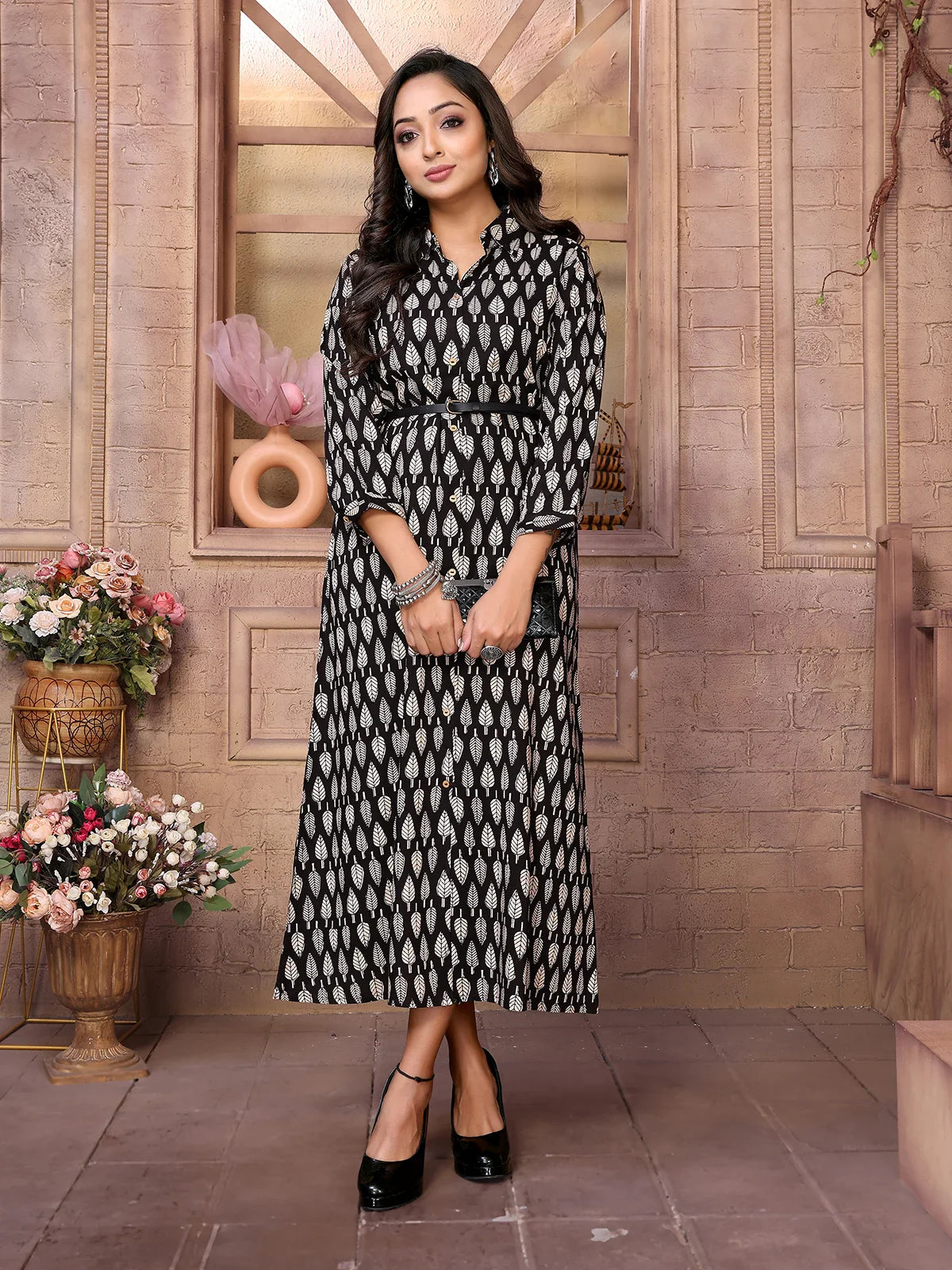 Buy Rayon Printed Calf Length Shirt Dress Dress with Belt-Black