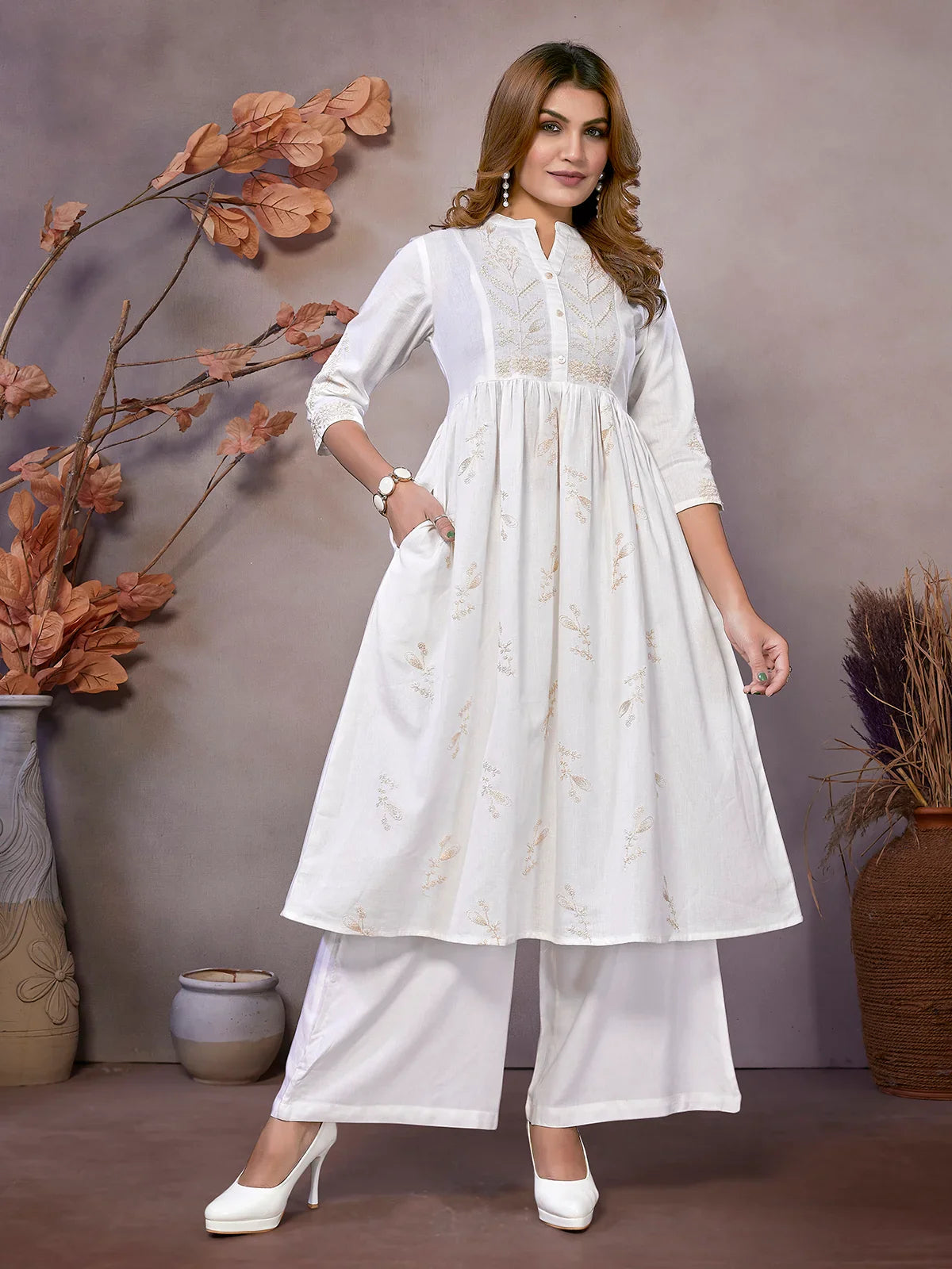 Buy Cotton Embroidered Calf Length Flared Kurta-White