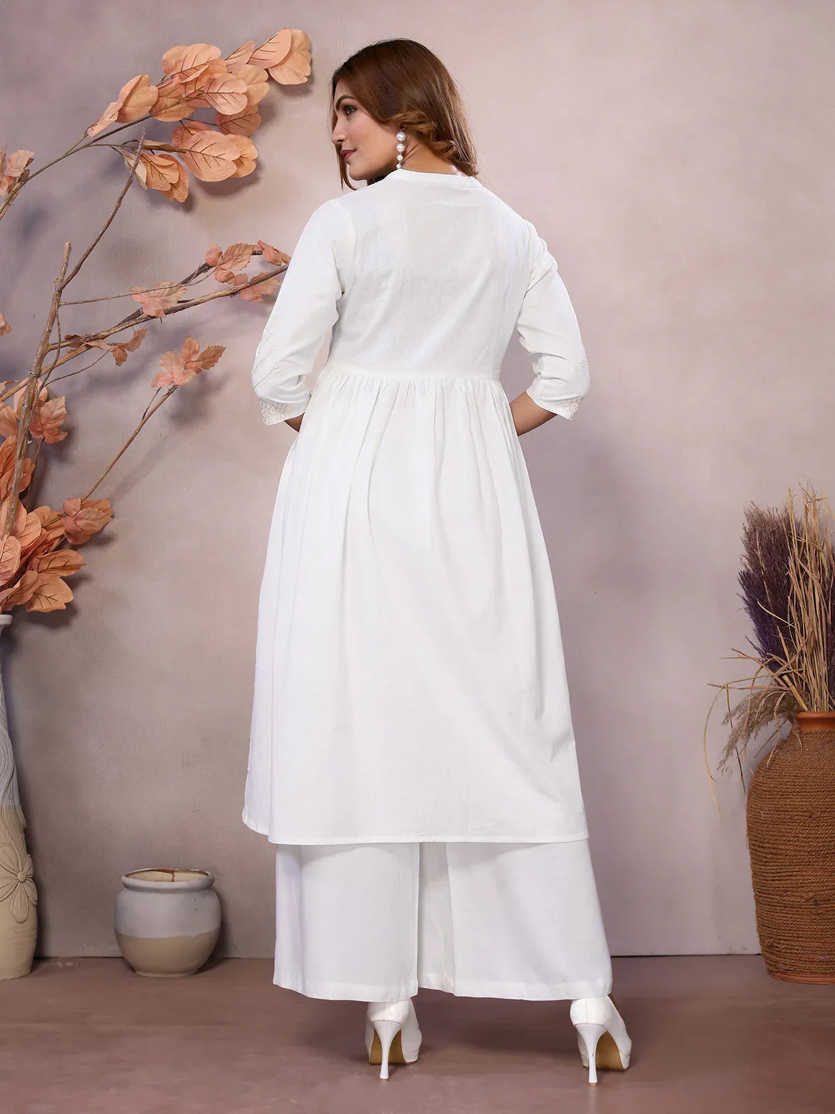 Buy Cotton Embroidered Calf Length Flared Kurta-White