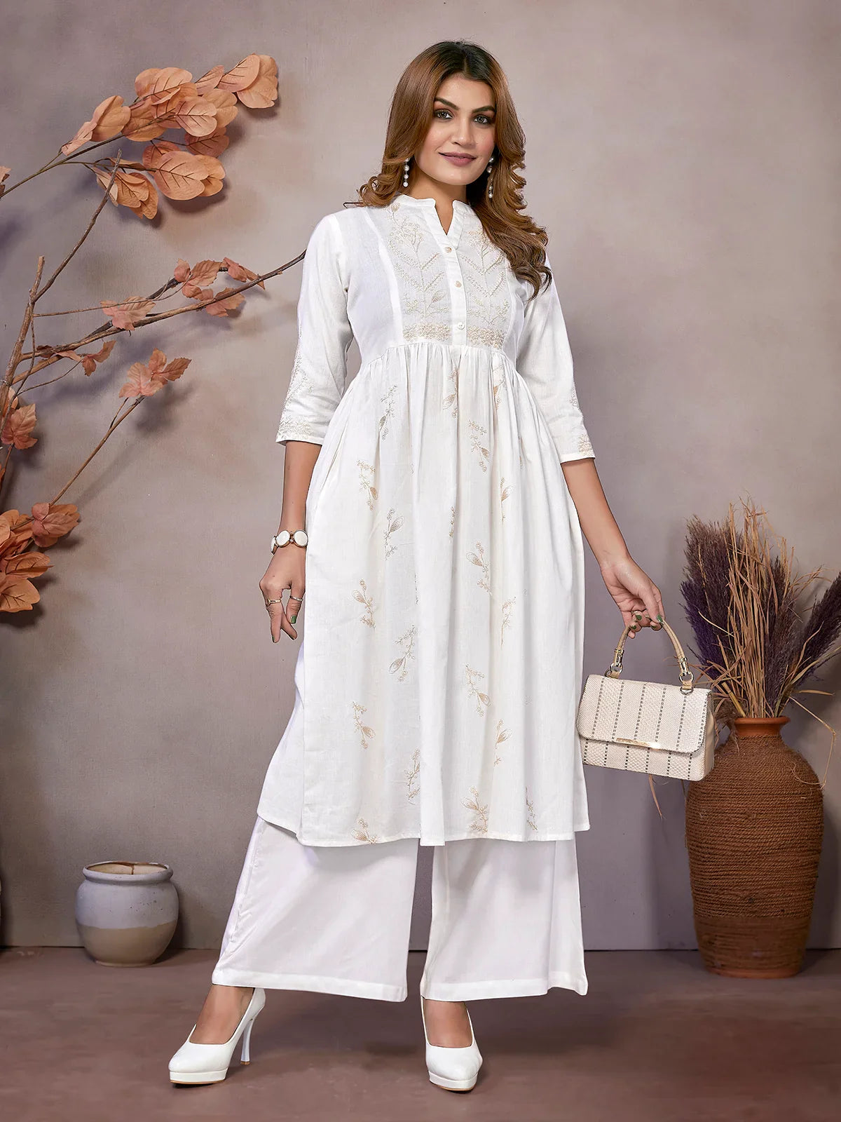 Buy Cotton Embroidered Calf Length Flared Kurta-White